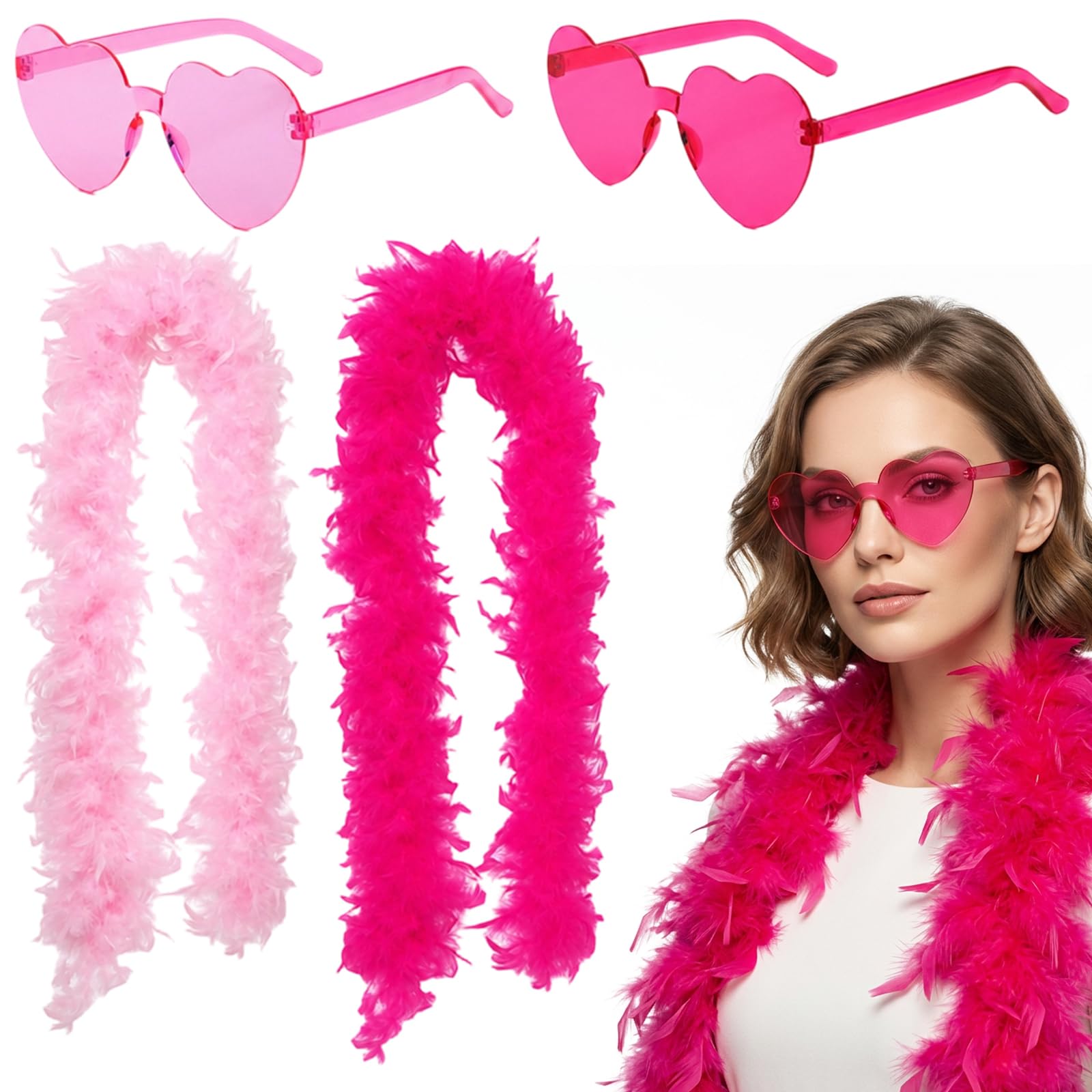 Aguwgax 4Pcs Feather Boa Set with Heart Glasses, 80cm Pink and Rose Red Feather Boa for Hen Parties, Cosplay and Fancy Dress