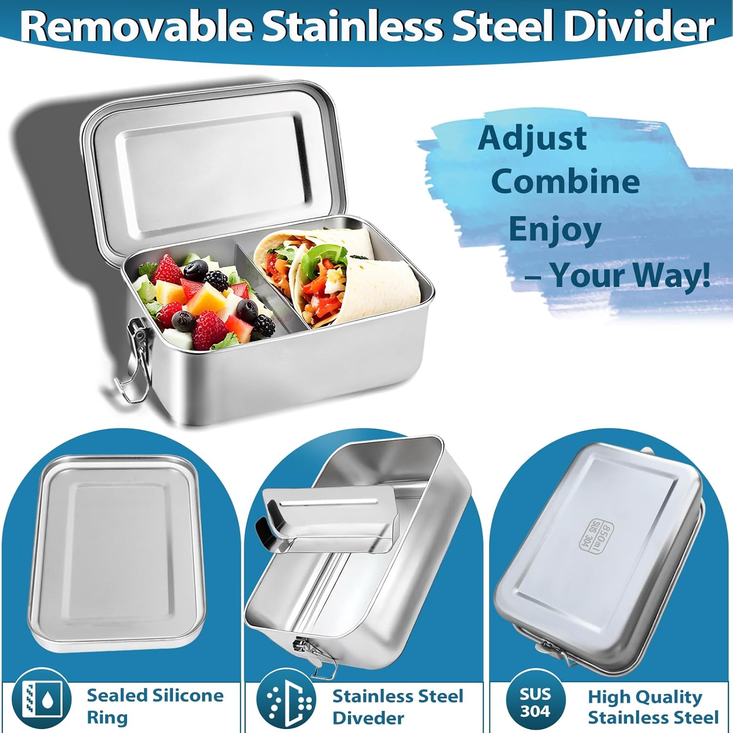 Stainless Steel Lunch Container 2 Pack 304 stainless Steel Bento Box Kids Adult(29oz/19oz),Leak Proof Stainless Steel Snack Containers With 1 Compartment and Lunch Bag - Image 4