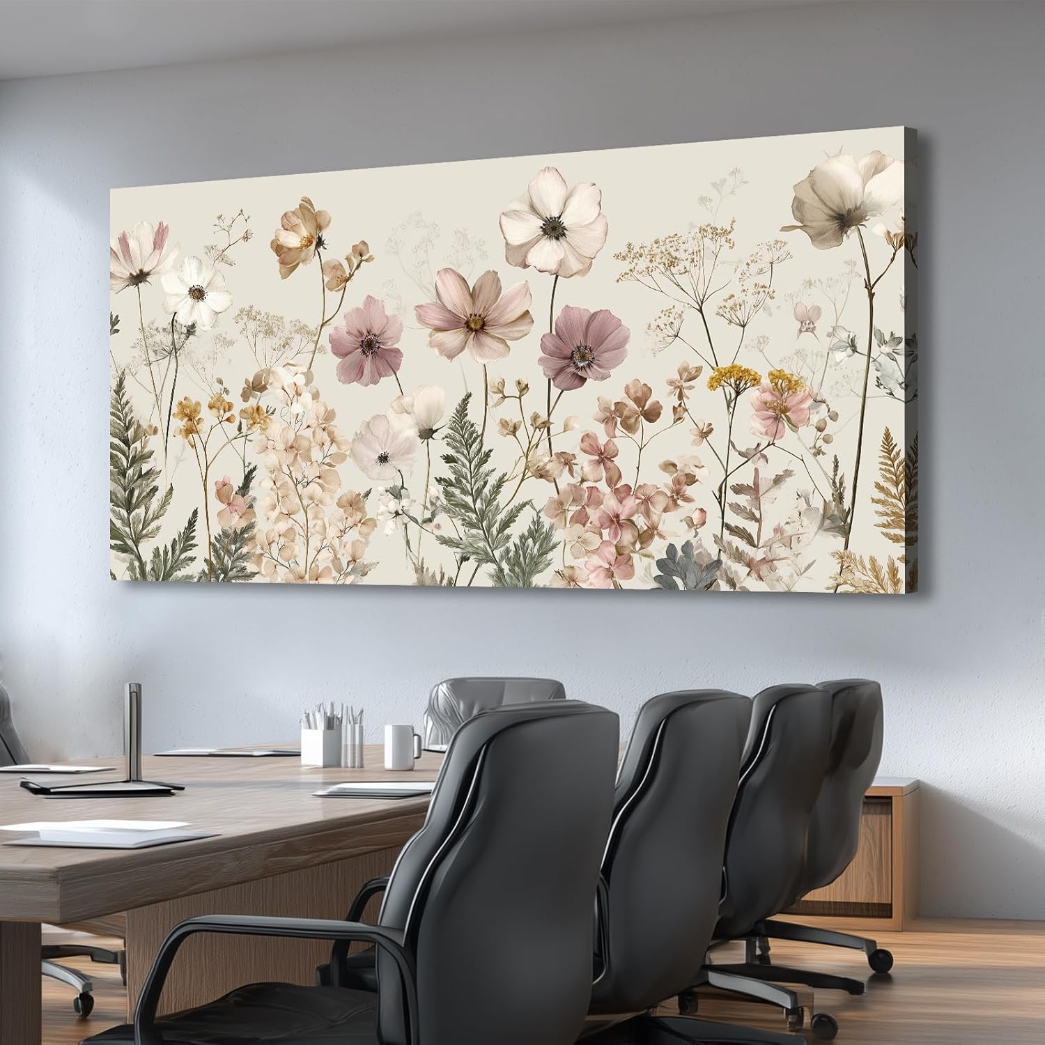 BewDalky Vintage Wildflower Canvas Wall Art Rustic Farmhouse Botanical Floral Landscape Painting Beige Pink Watercolor Meadow Flower Artwork Prints for Bedroom Living Room Aesthetic Home Decor 20"x40"