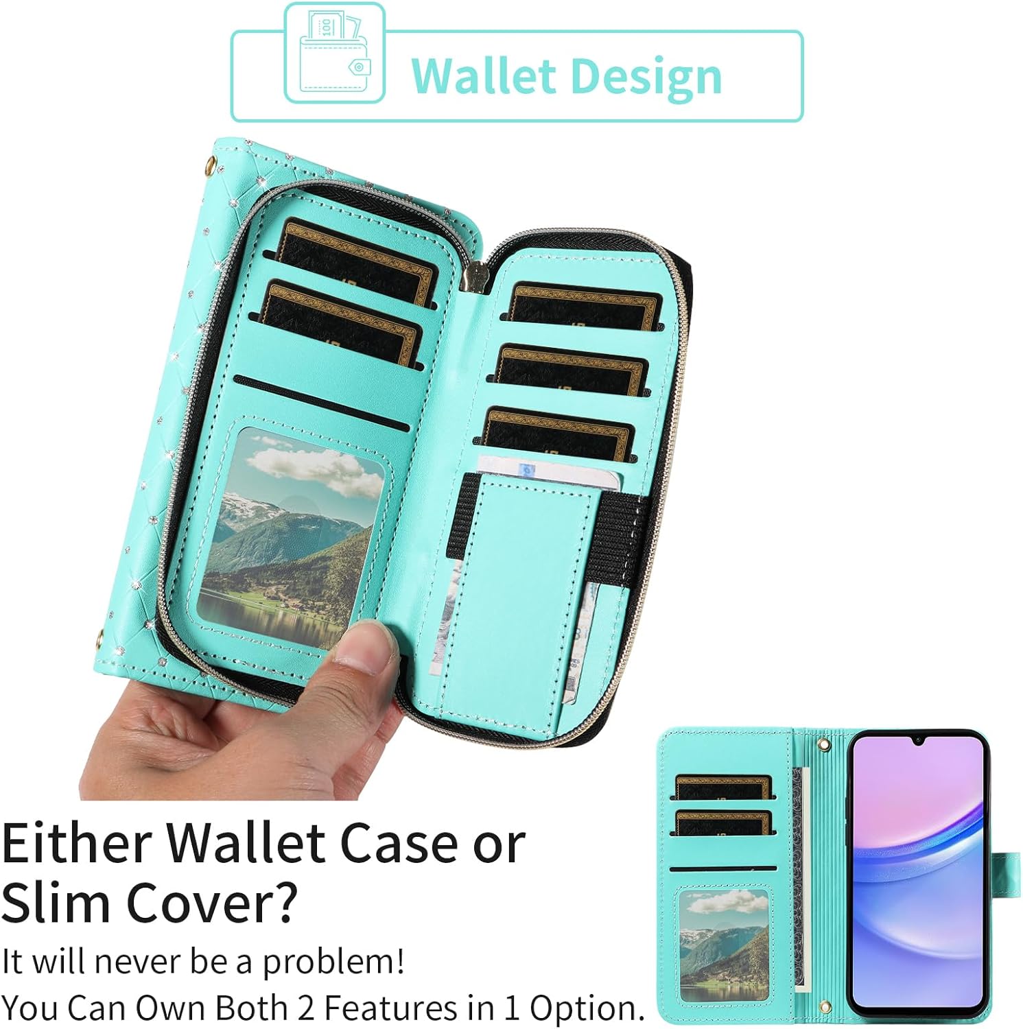 Asuwish Phone Cover for Samsung Galaxy A15 5G/4G Wallet Case Cell Zipper with Tempered Glass Screen Protector Crossbody Lanyard Strap Bling Glitter Flip Card Holder Slot A 15 G5 15A Women Girls Green