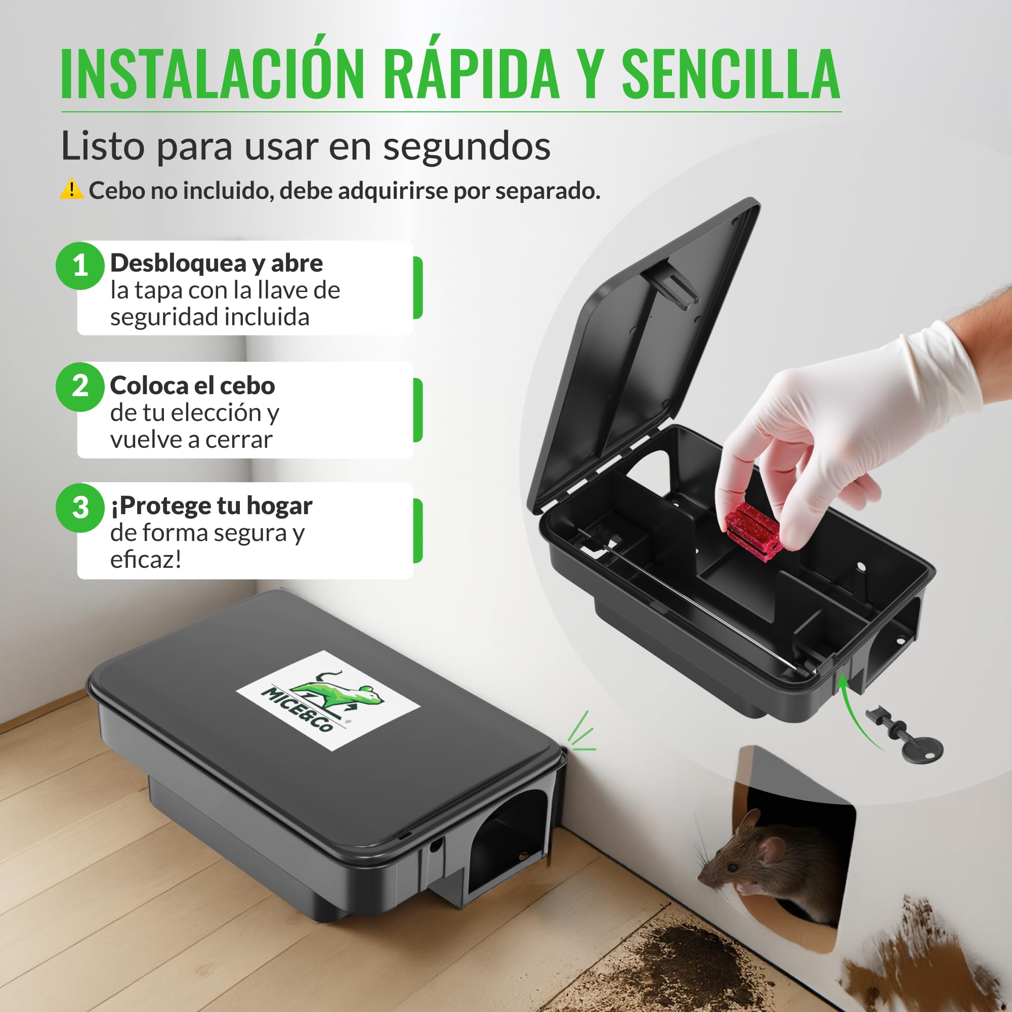 Mice&Co Trampas para Ratas y Ratones Profesionales - Caja Portacebos para Ratas y Ratones | Estación de Cebo Veneno Interior y Exterior | Pack 4 Unidades