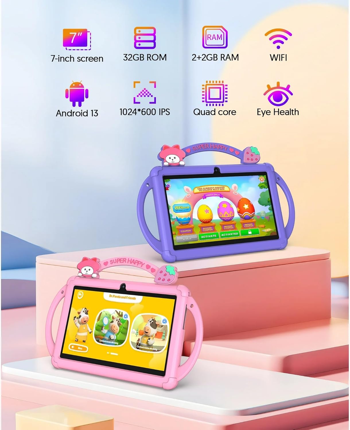 Tedupee K7 PRO C 7-inch Kids Tablet highlighting key features like 7-inch screen, 32GB ROM, 4GB RAM, WiFi, Android 13, 1024x600 IPS, Quad core, and Eye Health