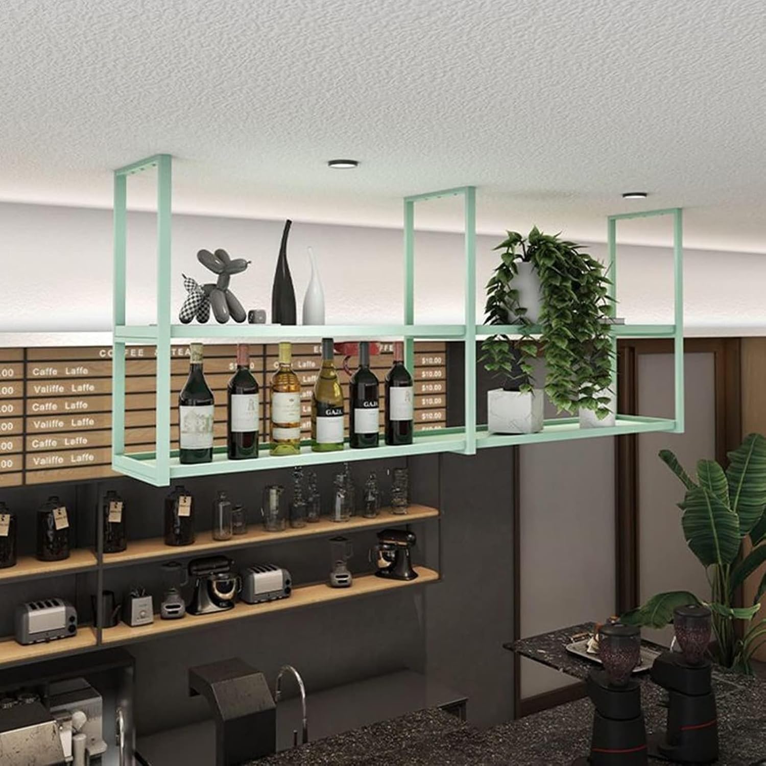 Floating Wine Bottle Holder - Hanging Plant Pot Rack, Double-Layered Wrought Iron Ceiling Storage Rack, Hanging Wine Glass Rack, Ceiling Floating Shelf, for Home Decor(Green,80x30x80cm)