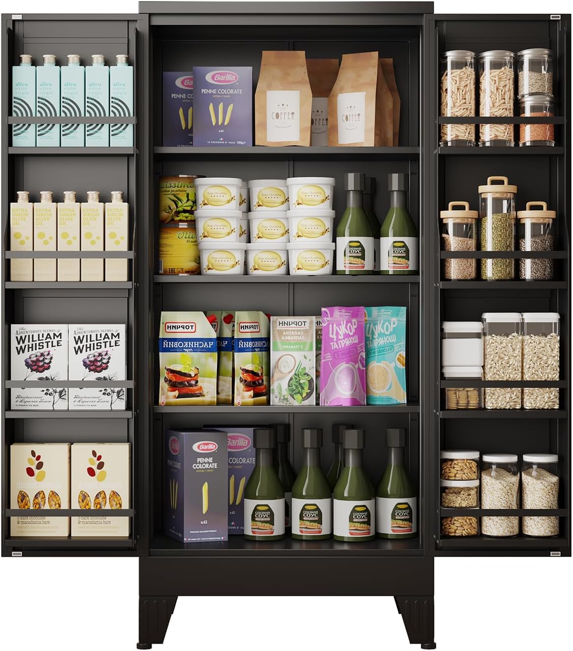 risuoge 51" H Tall Metal Kitchen Pantry Storage Cabinet, Freestanding Storage Cabinets with Magnetic Doors and Adjustable Shelves, Black Metal Pantry