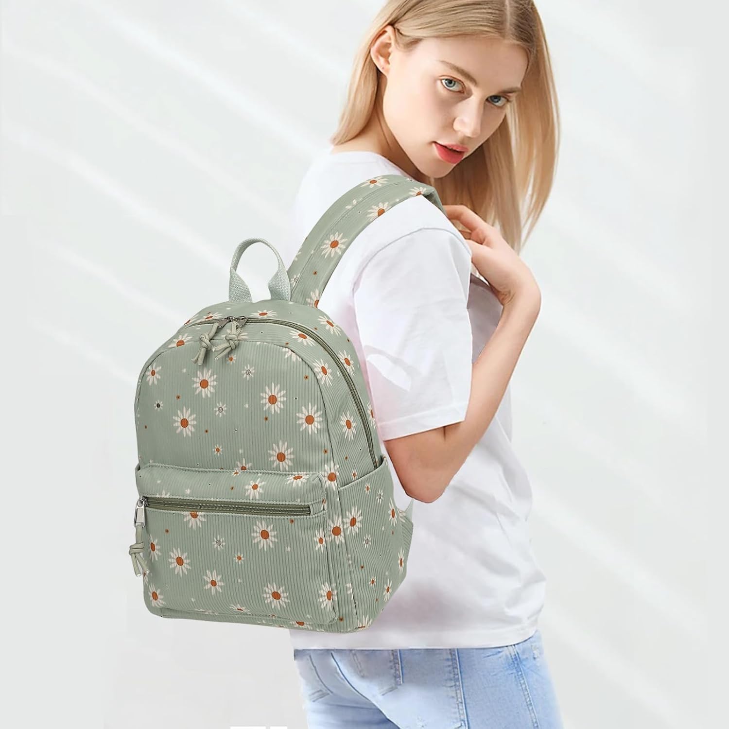 Corduroy Womens Mini Backpack Girls Small Backpack Purse Fashion Casual Daypack School Bookbag (Daisy Green) - Image 2