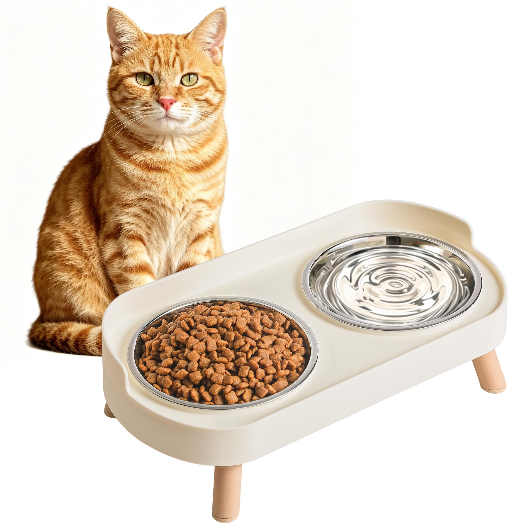 LoeJan Elevated Cat Bowls Set - Raised Cat Food and Water Bowl Set with Non Slip Stand - Pet Feeding Station with 2 Stainless Steel Bowls with Splash Proof Guard (White)