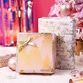 MAYPLUSS Christmas Wrapping Paper Roll, 17 Inch X 16.5 Feet Gift Wrapping Paper Featuring Gold Tree Reversible Snowflake Merry Christmas Thick Wrap Paper for Holiday Party New Year Kids