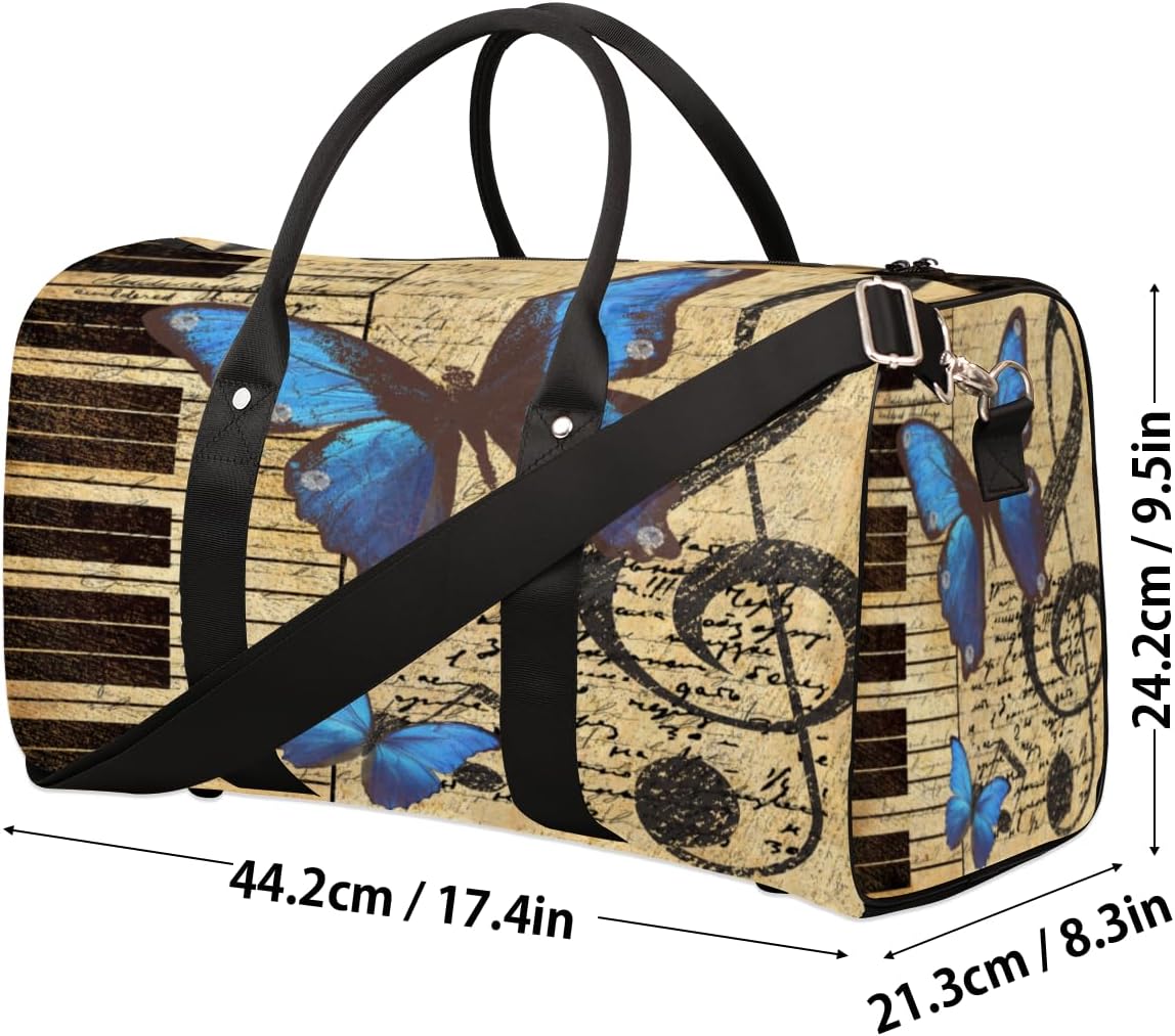 Vintage Guitar Note Butterfly Travel Duffel Bag for Women Men Large Capacity Overnight Weekender Bags for Lightweight Waterproof Sport Gym Bag for Workout Yoga Swim