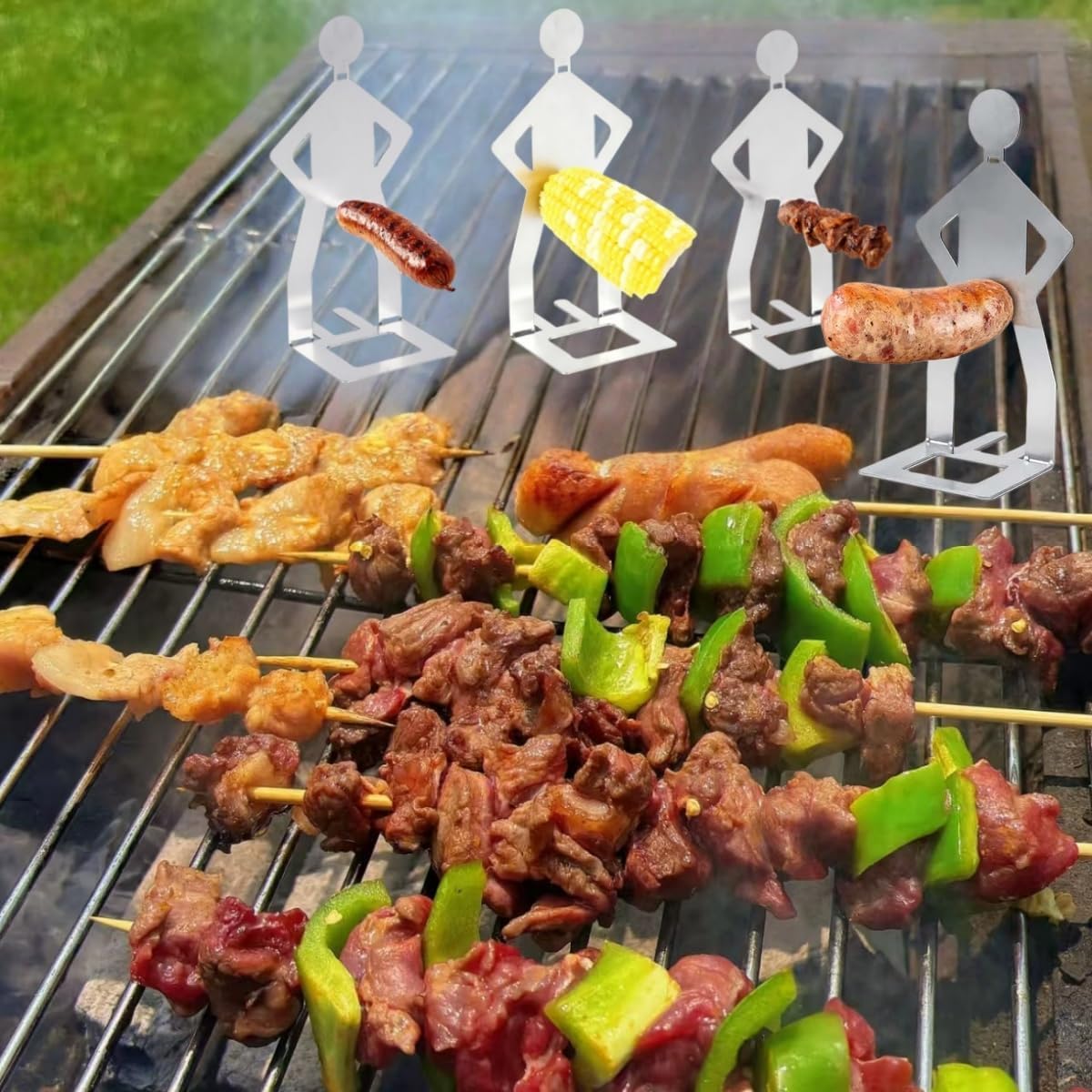4pcs Funny Man Shaped BBQ Hot Dog Holder, Stainless Steel Sausage Roaster Stand for Grill, Camping and Picnic or Portable Gas Grill Rack Accessories, Kitchen BBQ Tools — view 5