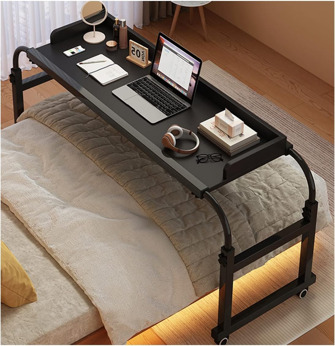 Tavolino regolabile con ruote, scrivania Rolling N & Cuter per letto, altezza e lunghezza regolabili, colore nero per mangiare e lavorare facilmente