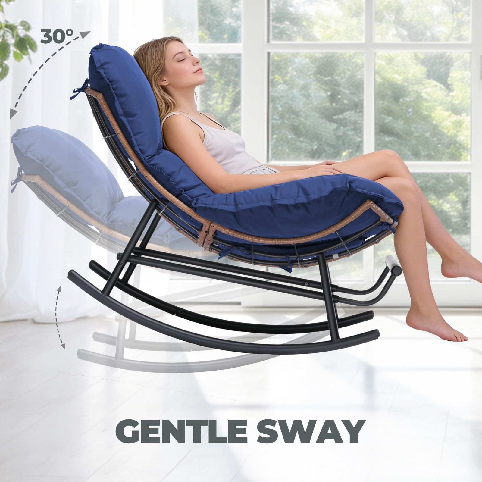 COMHOMA Sedia a dondolo, poltrona relax, struttura in acciaio, poggiapiedi estraibile, portata fino a 136 kg, per dormire, soggiorno, terrazza, giardino, blu