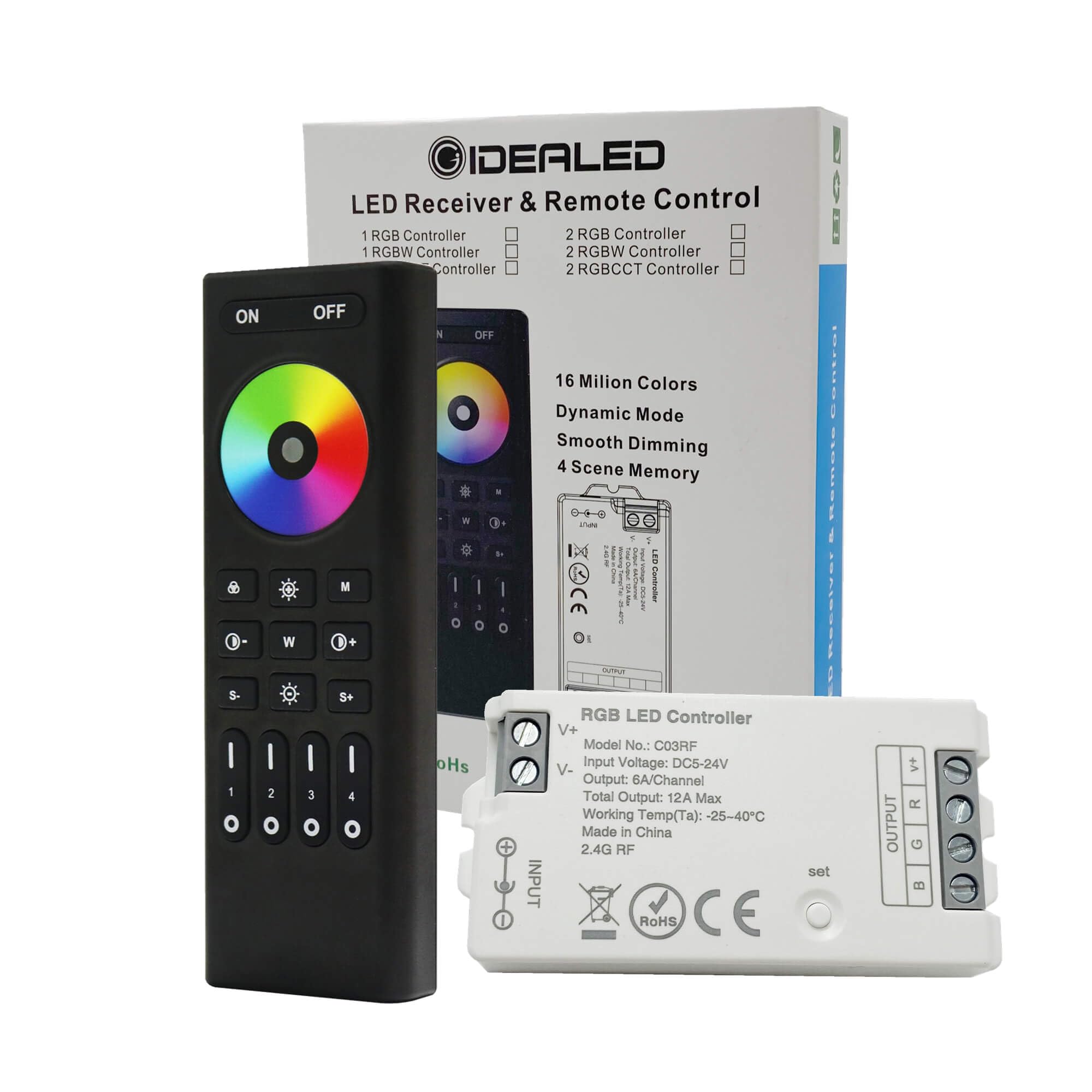 GIDEALED RGB LED Controller with RF Remote Control,2.4GHz Wireless LED Controller+4 Zone Remote Control Kit Group Control 4 Wire DC5V DC12V DC24V RGB LED Strip Light Dimming Change Color