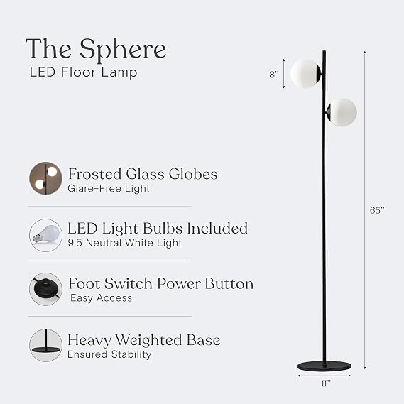 Brightech Sphere - Mid Century Modern 2 Globe Floor Lamp for Living Room Bright Lighting - Contemporary LED Standing Light for Bedrooms & Offices - Black Indoor Pole Light