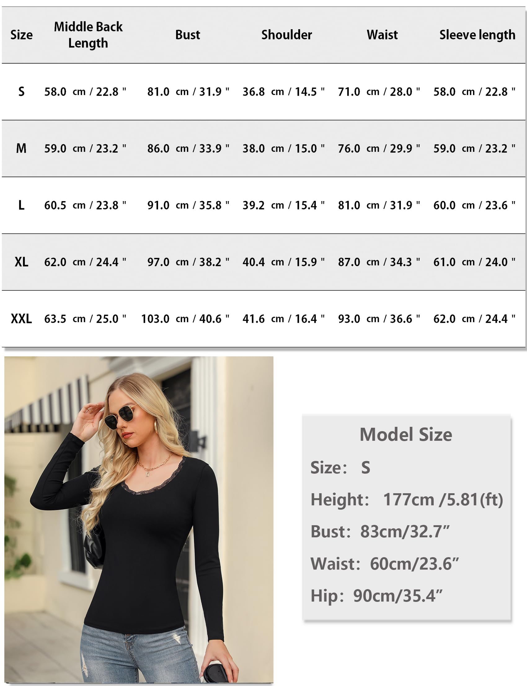 Koszulka termiczna damska z długim rękawem, krój slim fit, górna część z koronką, koszulka z długim rękawem, koszula termiczna dla kobiet, jednokolorowa koszulka termiczna z dekoltem w serek
