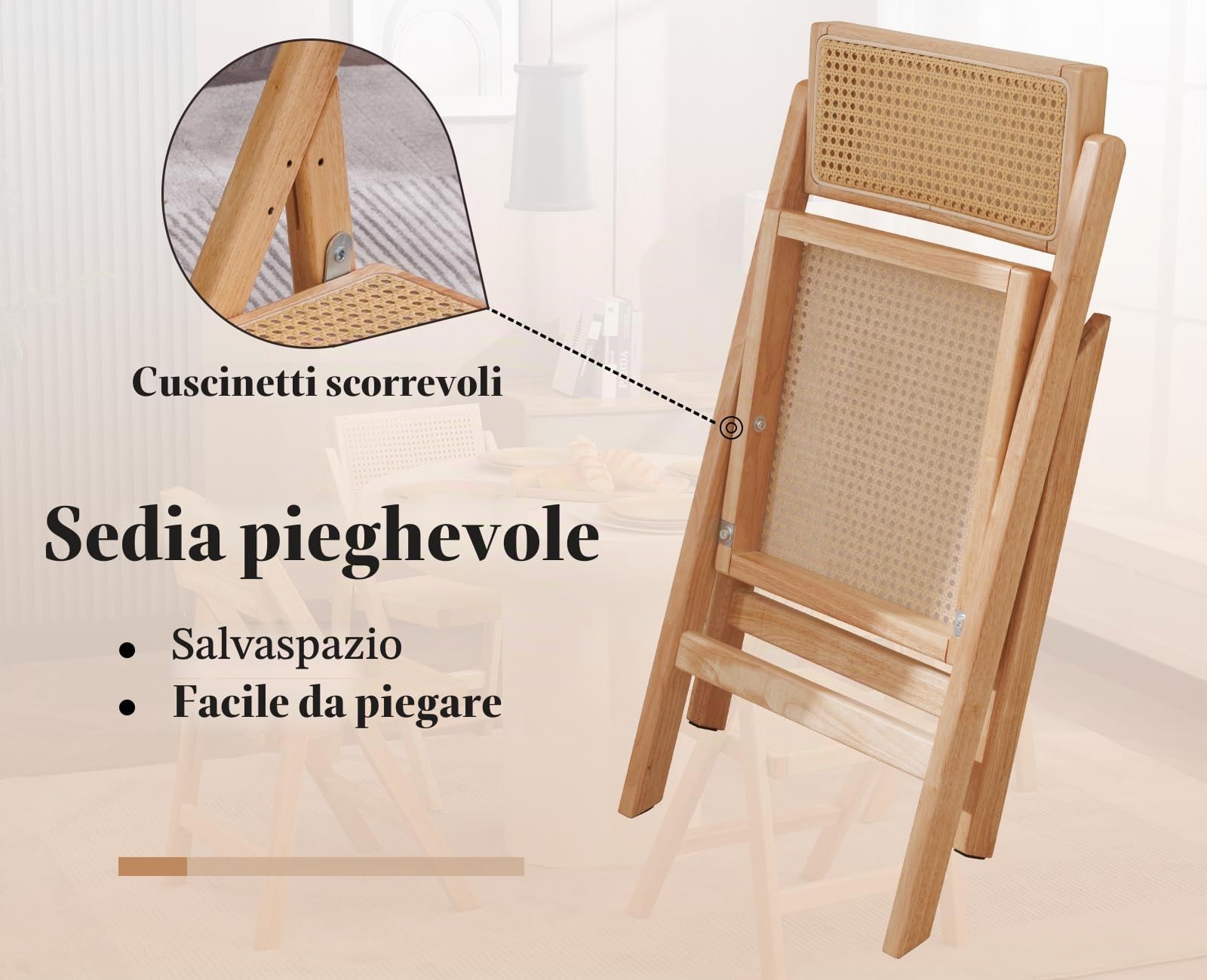 Ya-Home Sedie Pieghevoli Set di 2 Sedie da Pranzo in Rattan, Legno Naturale