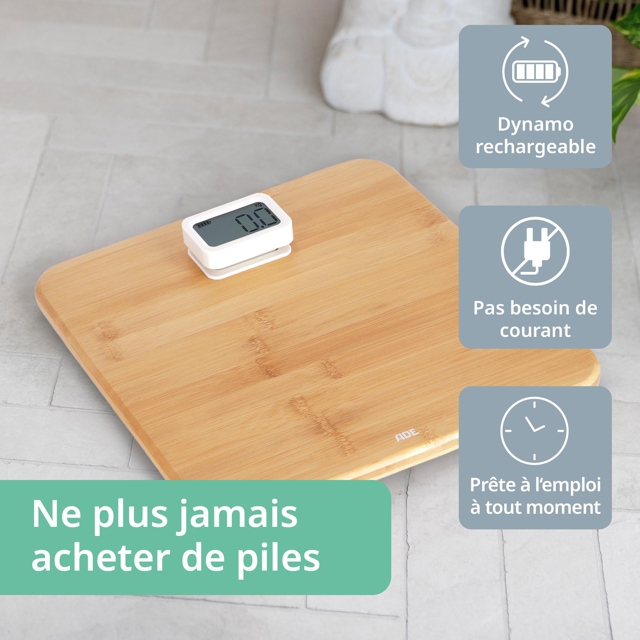 ADE Pèse-personne numérique | Sans piles avec dynamo | Pèse-personne écologique avec surface de pesage en bambou renouvelable | Jusqu'à 150 kg