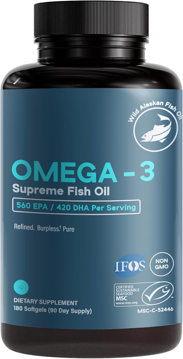 Omega-3 Supremo 1400 mg Aceite de pescado salvaje de Alaska | Revestimiento entérico, sin eructos | Alto EPA DHA certificado por MSC, absorción mejorada y prueba de metales pesados (suministro de 3 meses, 180 cápsulas blandas)