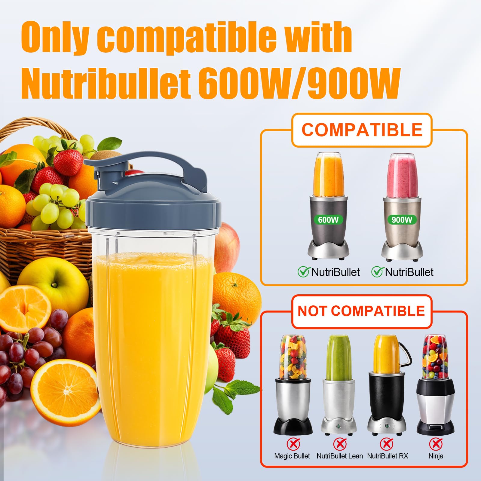 Pièces de Rechange Compatibles avec Nutribullet 600 W/900 W 32 oz, 2 Verres | Blender Bol en Verre Accessoires Avec Couvercles Rabattables, Facile à Nettoyer
