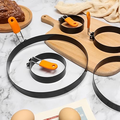 Miniatura 4 de Juego de 5 anillos de huevo con mango de silicona, anillos de huevo de acero inoxidable para moldes de huevos a la plancha para cocinar magdalenas,