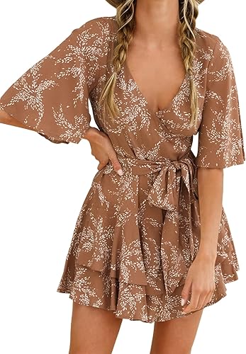 Vista 3 de Relipop Enterizo de verano para mujer, diseño floral, cuello en V, manga corta, cintura con nudo y dobladillo con volantes, overol corto casual