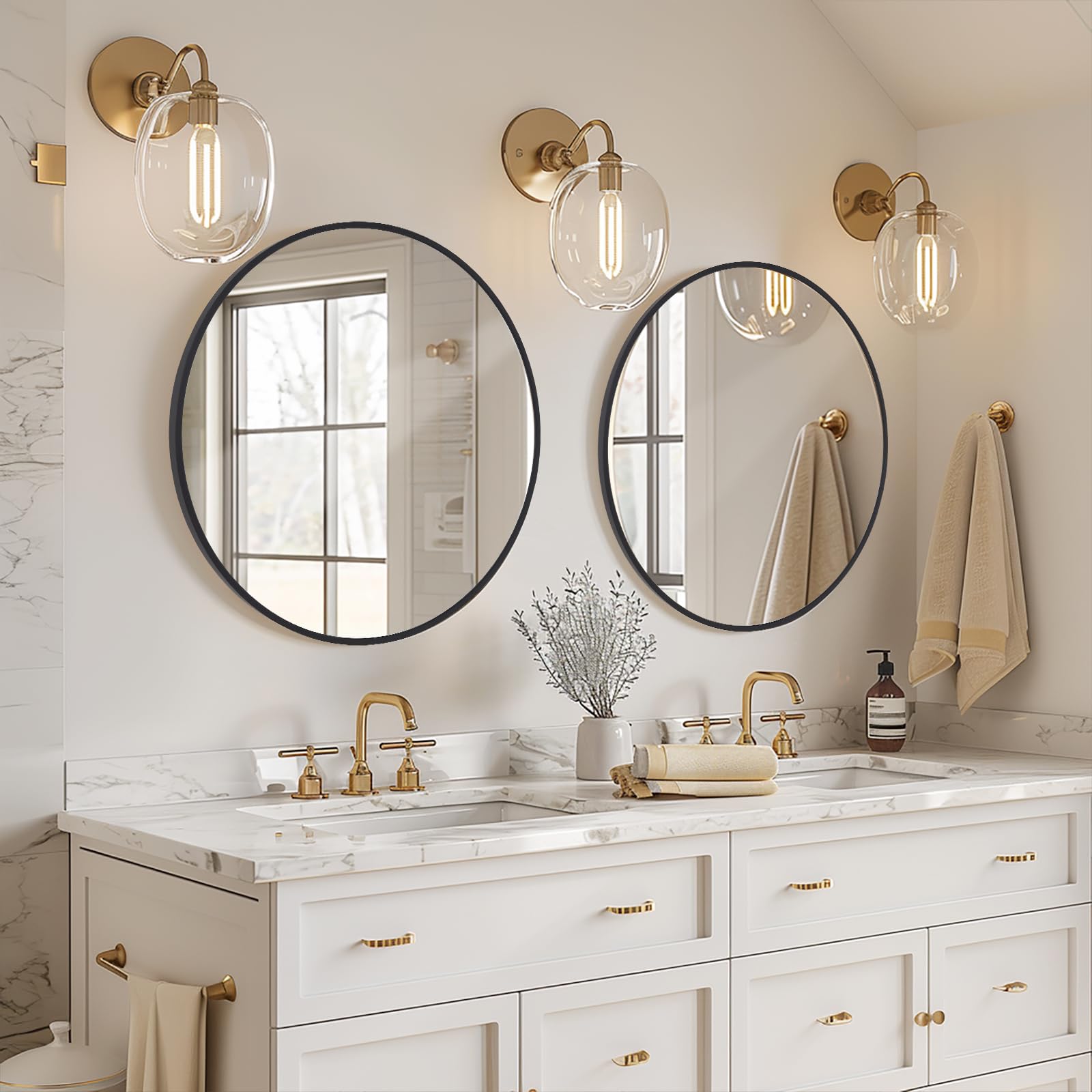 Melodieux 2 Pcs Round Wall Mirror 80cm Black Circle Home Decorative Hanging Wall Mounted Vanity Mirror for Bathroom Hallway Bedroom Living Room