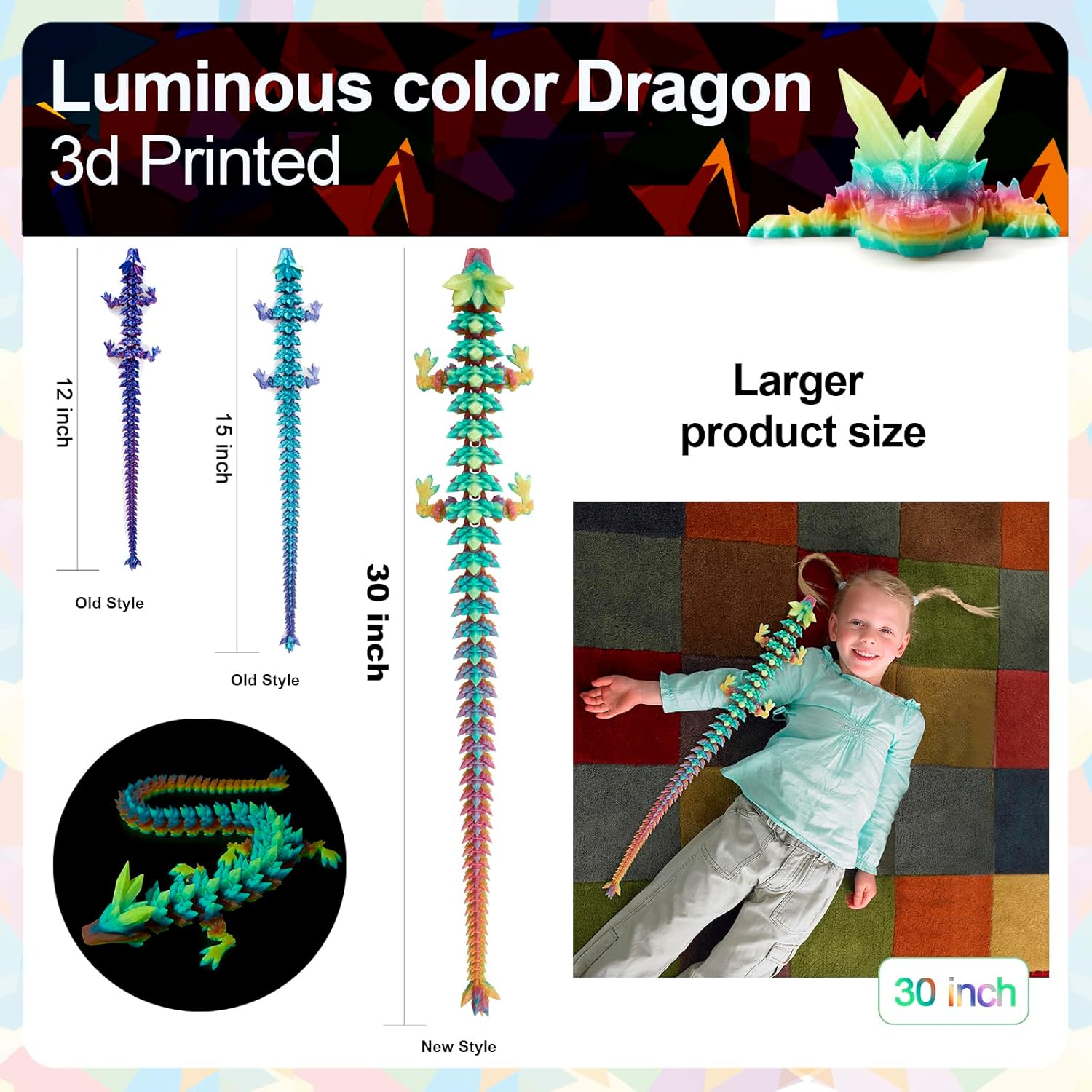 30”3D Printed Dragon Large 3D Dragon--Bigger Fidget Toy Gift for Kids, Boys, Girls & Adults,Cool Giant Crystal 3-D Printed Animals Desk Decor , Easter Basket Essentials