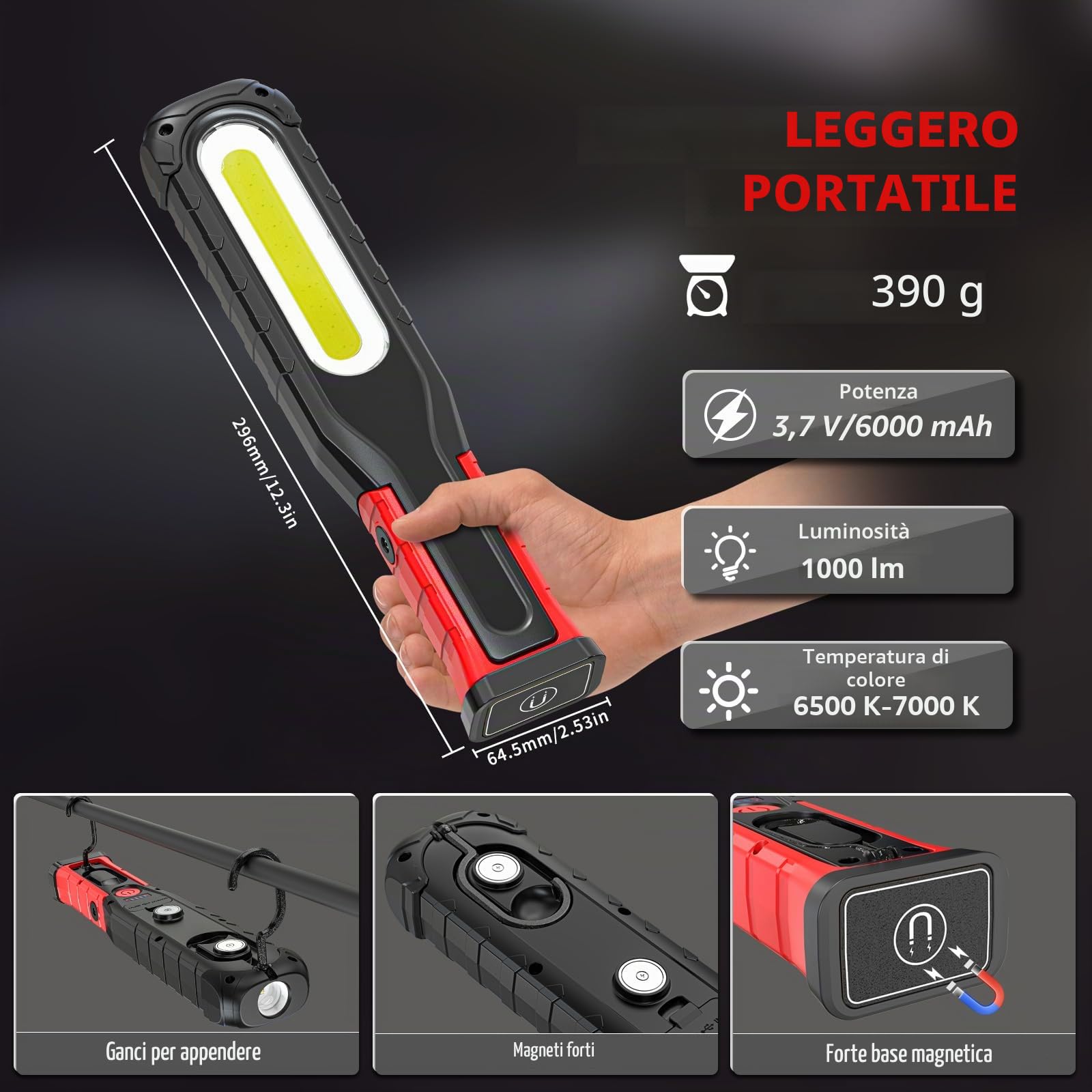 Lampada da lavoro LED, batteria da 6000 mAh, torcia elettrica con funzione orientabile, base magnetica e gancio, 5 modalità, lampada di ispezione COB per riparazione auto, officina