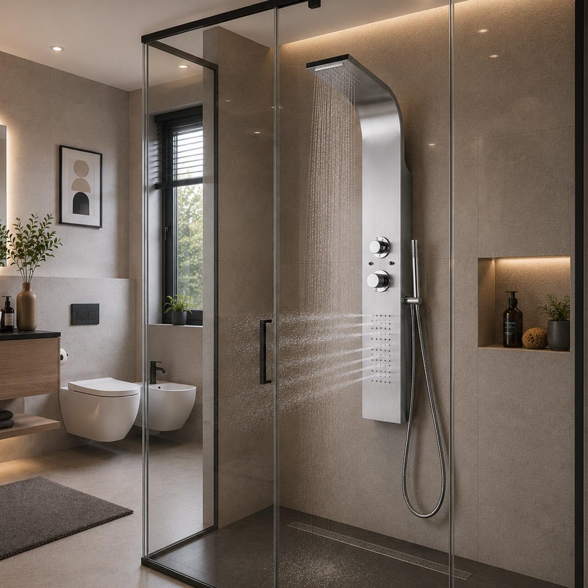Yellowshop - Colonna Doccia Idromassaggio Desy Acciaio Spazzolato 120x21 cm, Miscelatore Meccanico, 4 Funzioni con Soffione, Cascata, Getti Idromassaggio Dorsale e Doccetta