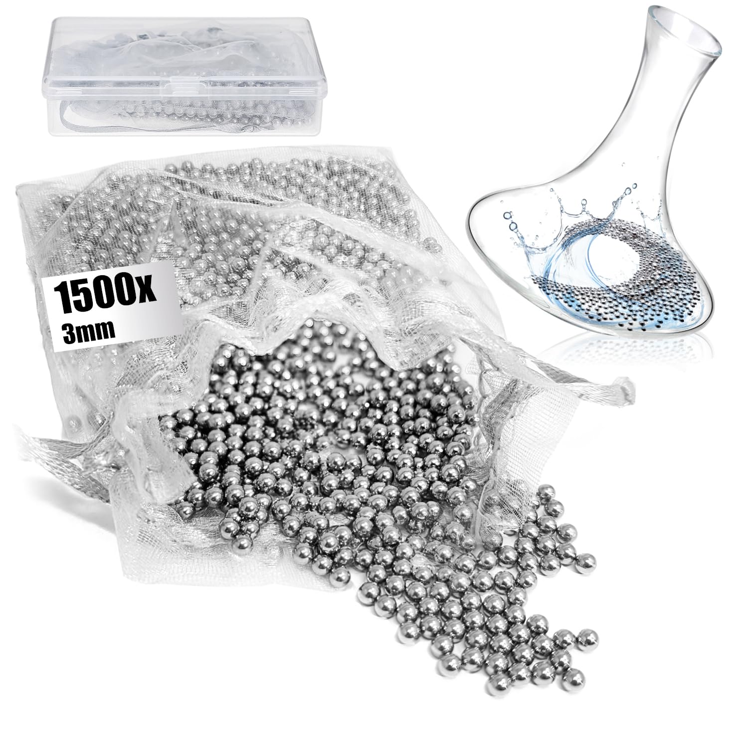 com-four® 1500x Edelstahl Reinigungsperlen mit Box – Reinigungskugeln für Flaschen, Weindekanter, Isolierkannen & Thermobecher – rostfrei & wiederverwendbar (1 Stück (1500 3mm))
