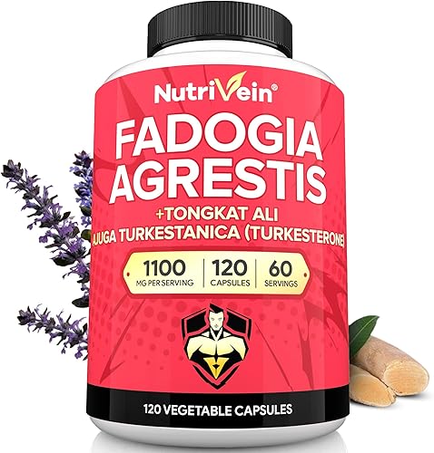 Nutrivein Suplemento prémium Fadogia Agrestis y Tongkat Ali con turkesterona - 1100 mg - 120 cápsulas - Mezcla sinérgica para rendimiento, fuerza y
