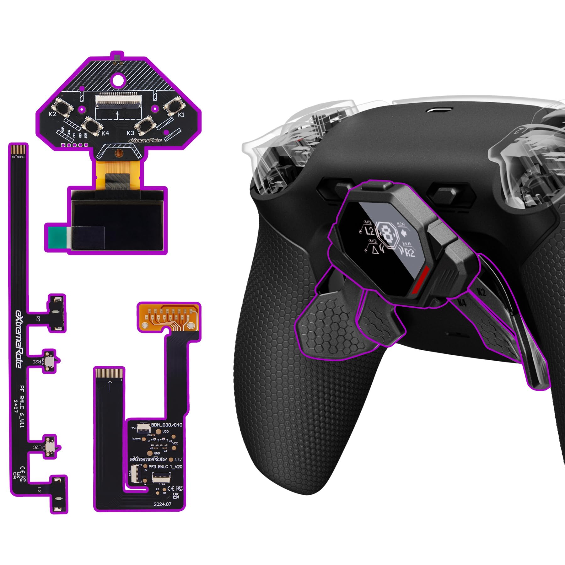eXtremeRate SPARK Tasti Posteriori Kit per ps5 Controller BDM-030 040 050 060, Display OLED + Clicky Trigger Stop + Grip Ergonomici, 4 Palette Rimappabili Accessori per ps5 Joystick, Nero&Nero