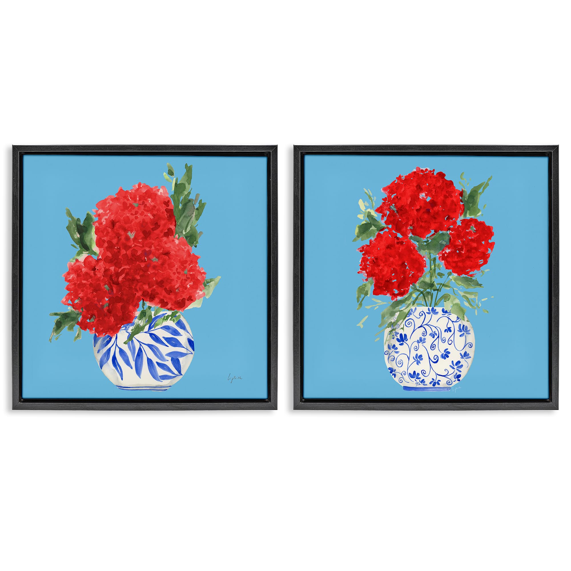 Stupell Industries 'Bright Red & Blue Hydrangeas', 2pc Floating Frame Art Set 2, Black, 18 x 18, Ready to Hang Picture Décor, USA Made, By Artist Lucille Price