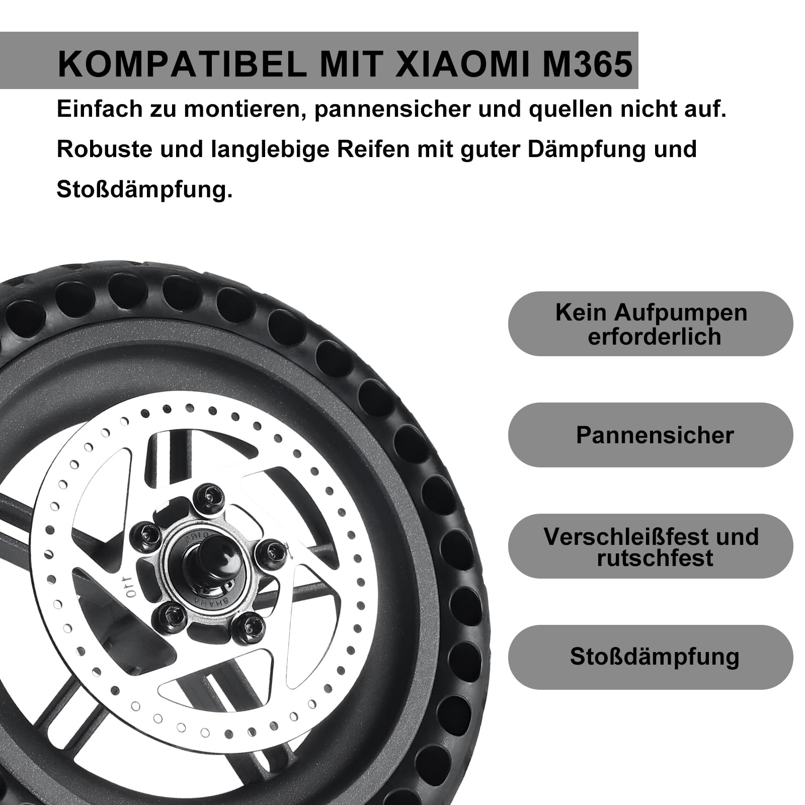 Roue Arrière pour Trottinette Xiaomi M365 / 1S, 8,5" Pneu Alvéolé Anticrevaison avec Jante et Disque de Frein 110mm