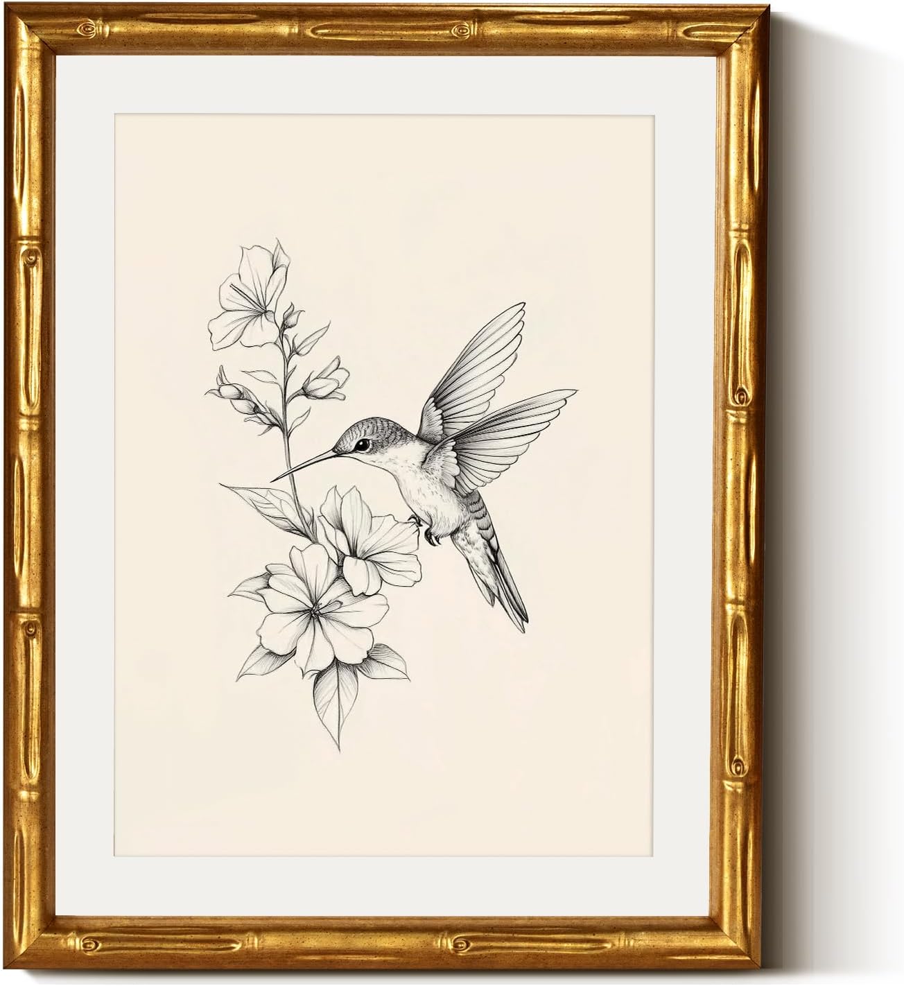 Classic Black White Hummingbird Botanical Flowers Illustration Line Wall Art, 11x14 Gold Bamboo-Textured Framed Canvas Print Floral Nature Drawing, Acrylic Cover Office Farmhouse Bedroom Decor
