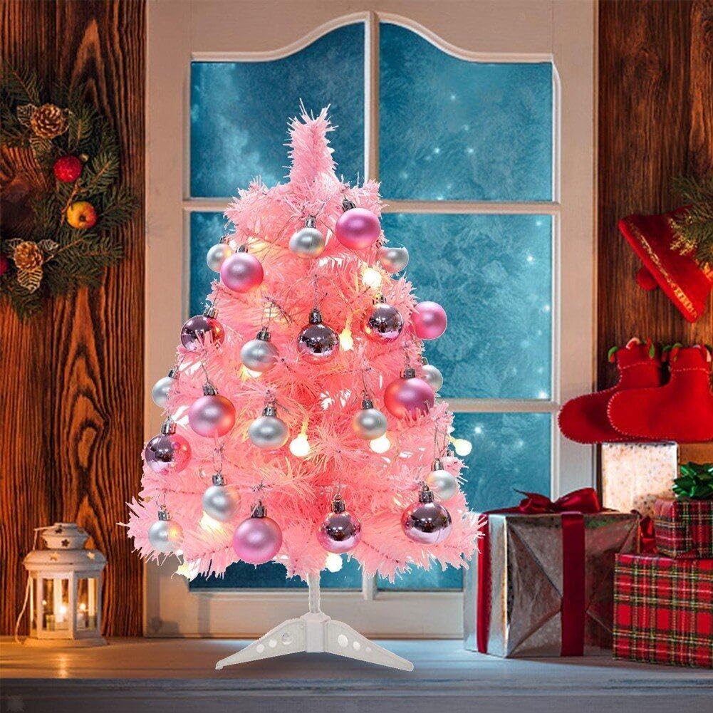 Albero Di Natale Rosa Con Luci – 60 Cm – Mini Albero Da Tavolo Con Palline E Ornamenti – Decorazione Natalizia Originale