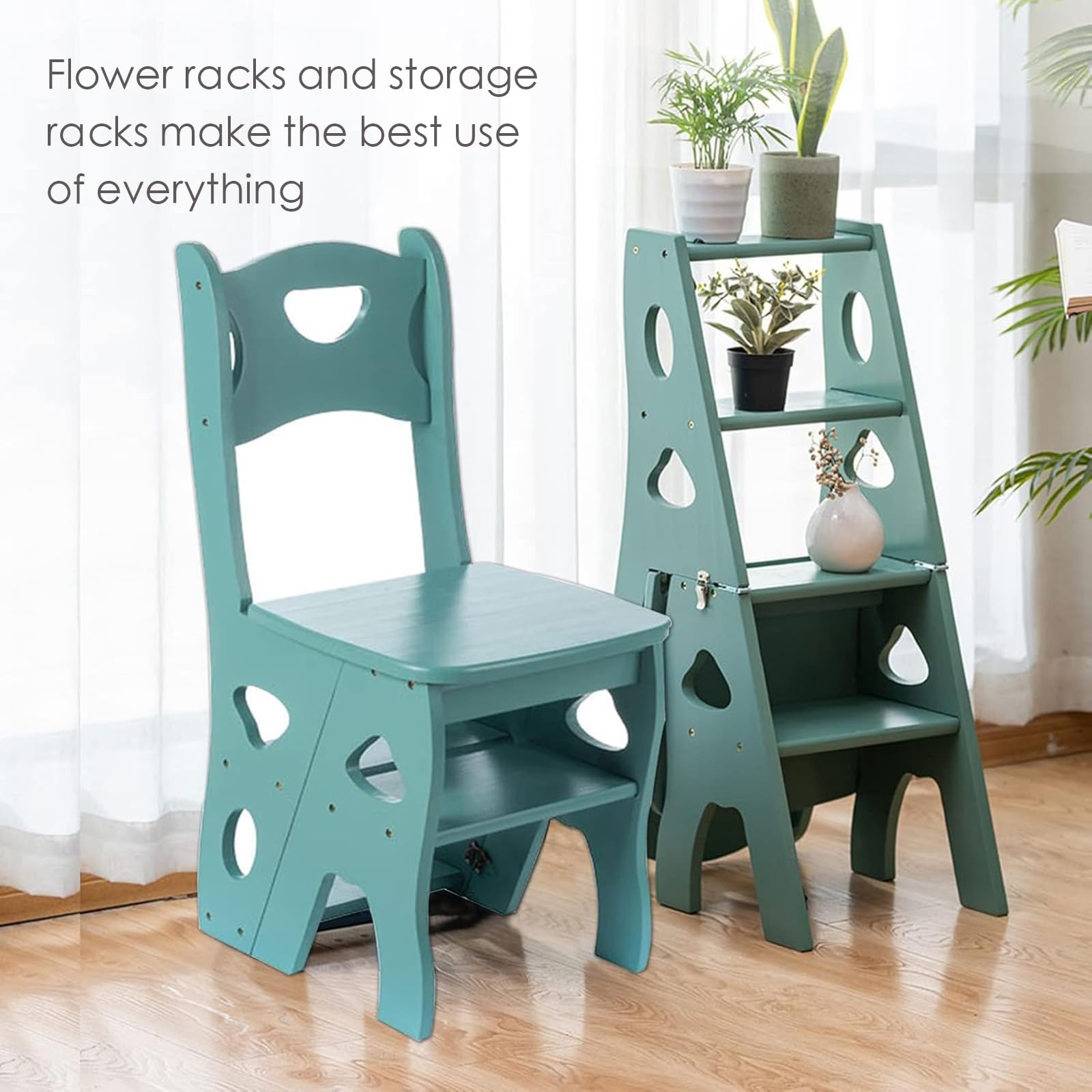 Taburero plegable de 4 pasos, silla sólida de la escalera de pino con las rodajas anchas, 330lbs capacidad, diseño que ahorra espacio para la cocina, la oficina y el estante de exhibición del hogar, b