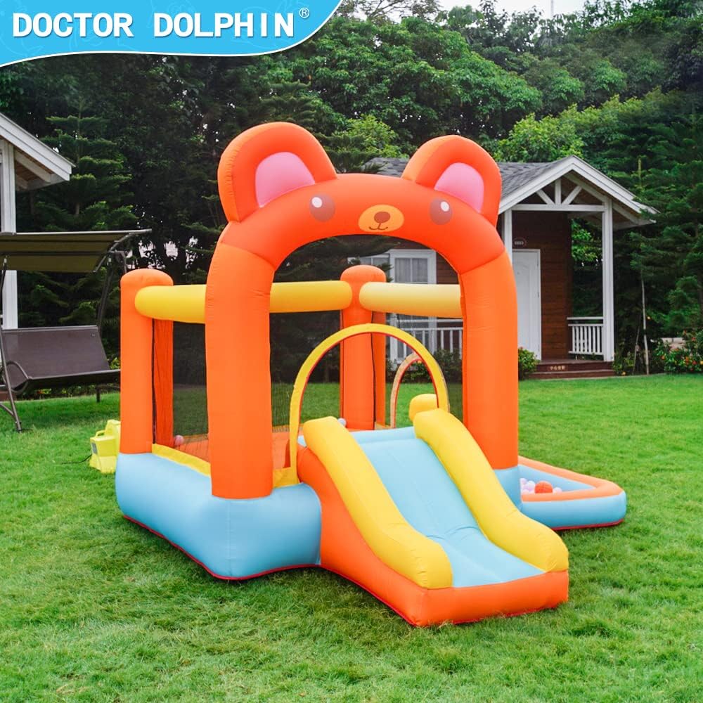 Doctor Dolphin Indoor & Outdoor Bounce House for Kids,Inflatable Playhouse with Mini Slide,Jumping Castle House with Punching Bag (Bear Theme)
