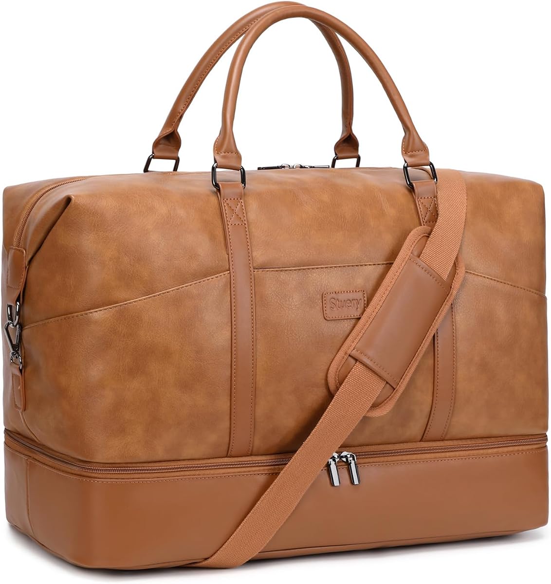 Faux Leather Weekender Bags for Women: Large Overnight Bags Travel Duffel Carry On Weekend Tote with Shoe & Laptop Compartment for Airplane Traveling Gym, Brown