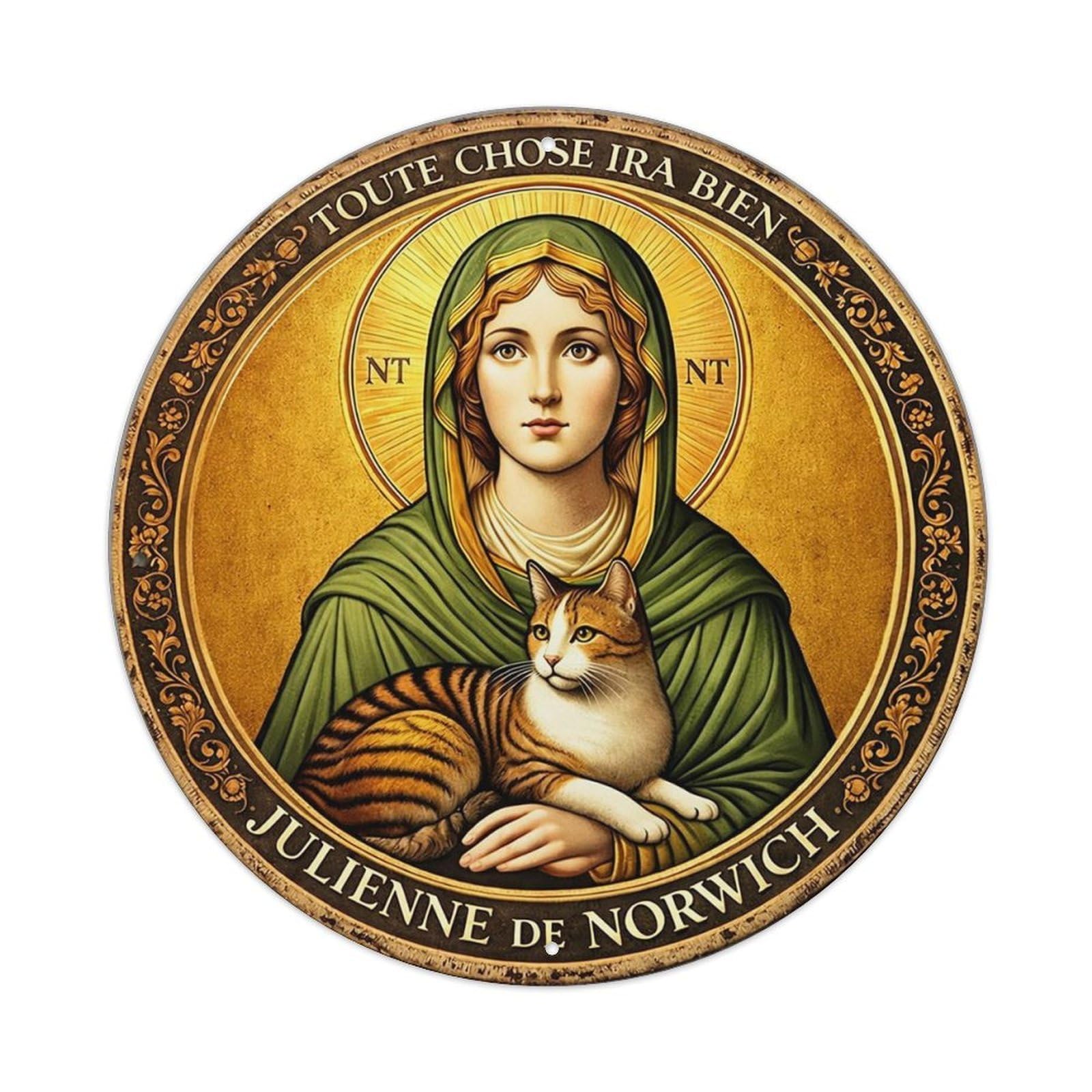 Saint With Cat And Halo Vintage Round Tin Sign Retro Metal Wall Decor Metal Poster, Home Bar Garage Cafe Wall Art Decoration 8x8Inches