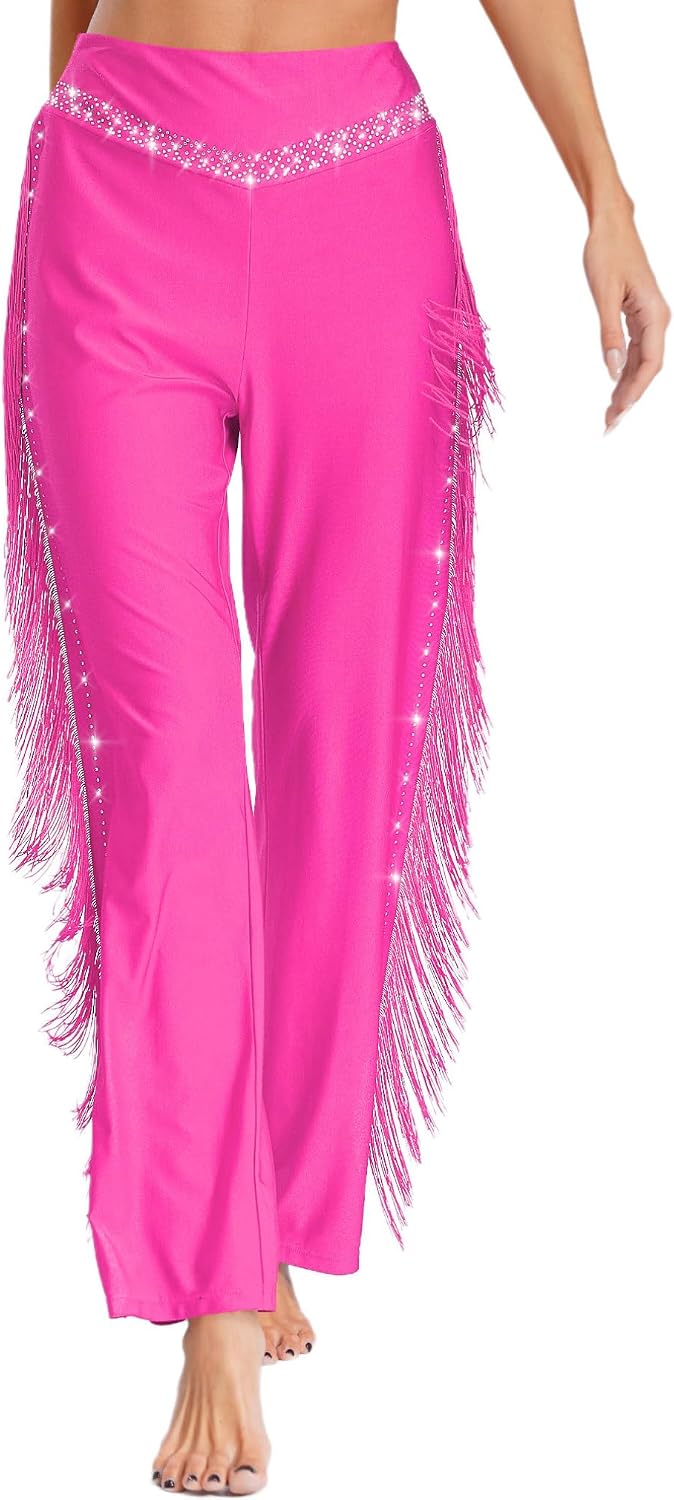 FEESHOW Women's Rhinestone Shiny Latin Dance Pants Elastic Waist Tassels Salsa Ballroom Dancing Trousers