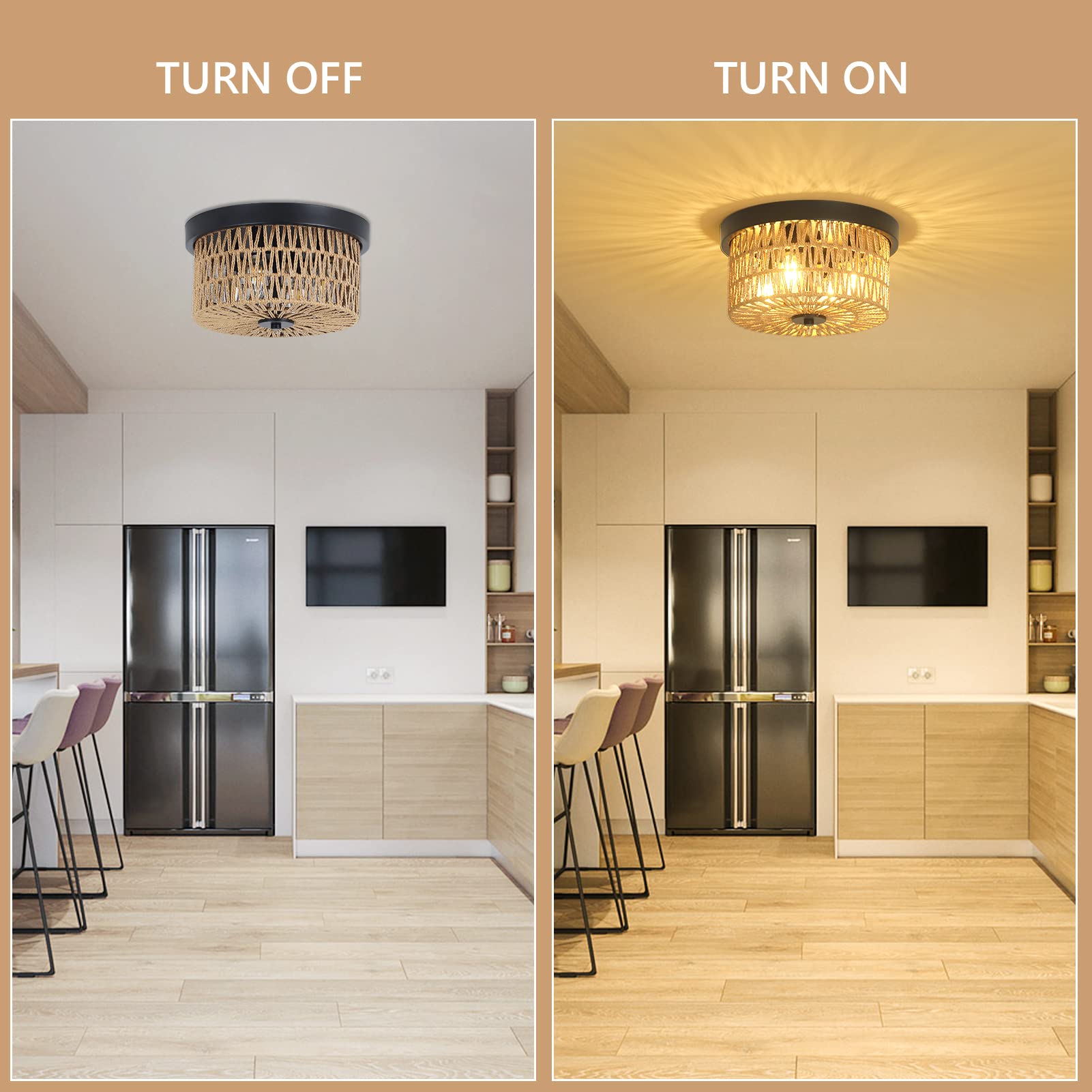 HMVPL Rattan Flush Mount Ceiling Light,Boho Light Fixtures Ceiling Mount with Handmade Woven Lampshade,4-Lights Wicker Close to Ceiling Light,Rattan Chandelier for Bedroom Kitchen Hallway Living Room