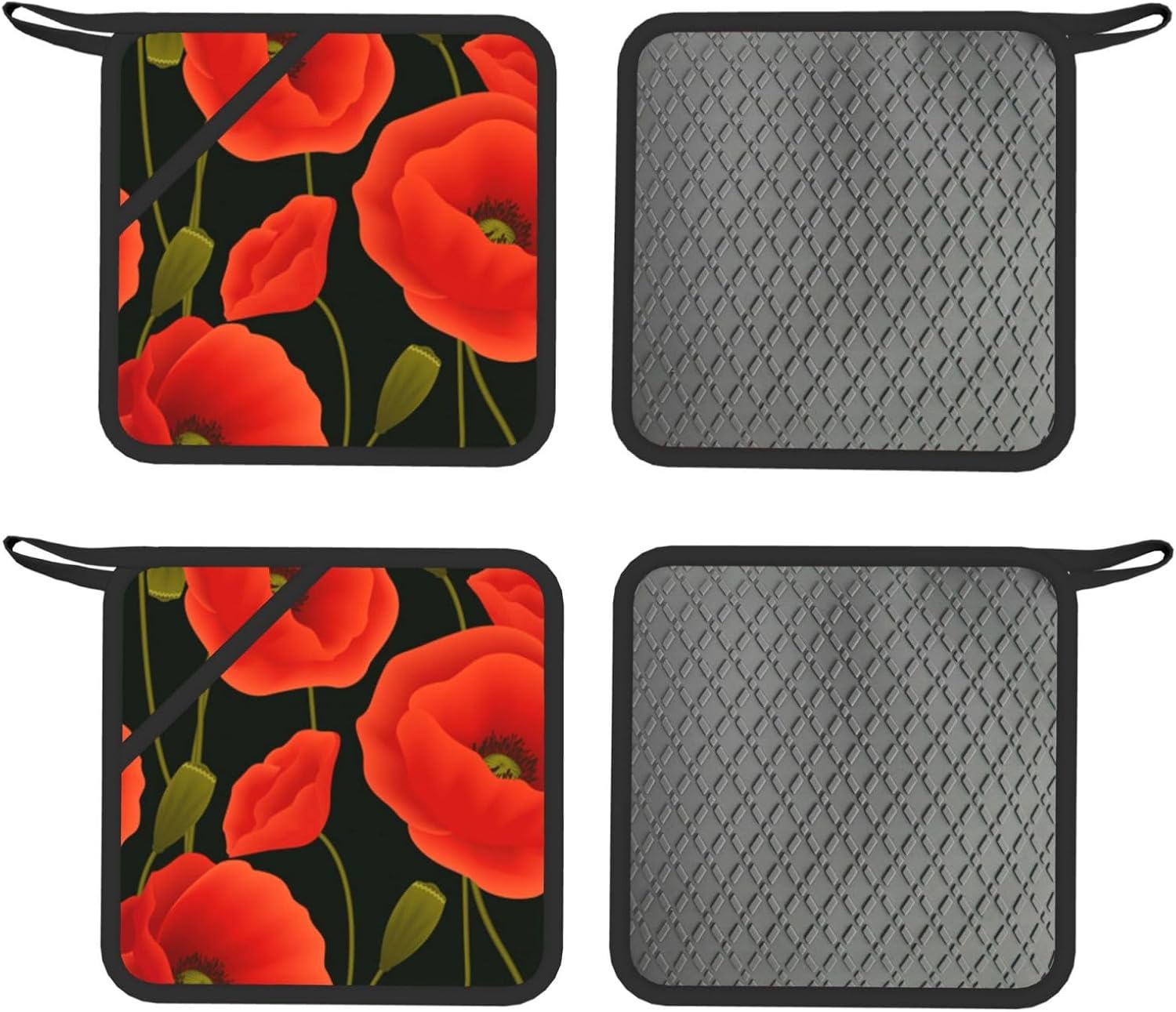 Poppy Flowers Oven Mitts and Pot Holders Set of 4 Heat Resistant Kitchen Gloves with Silicone Palm Hot Pads for Baking Cooking Grilling BBQ