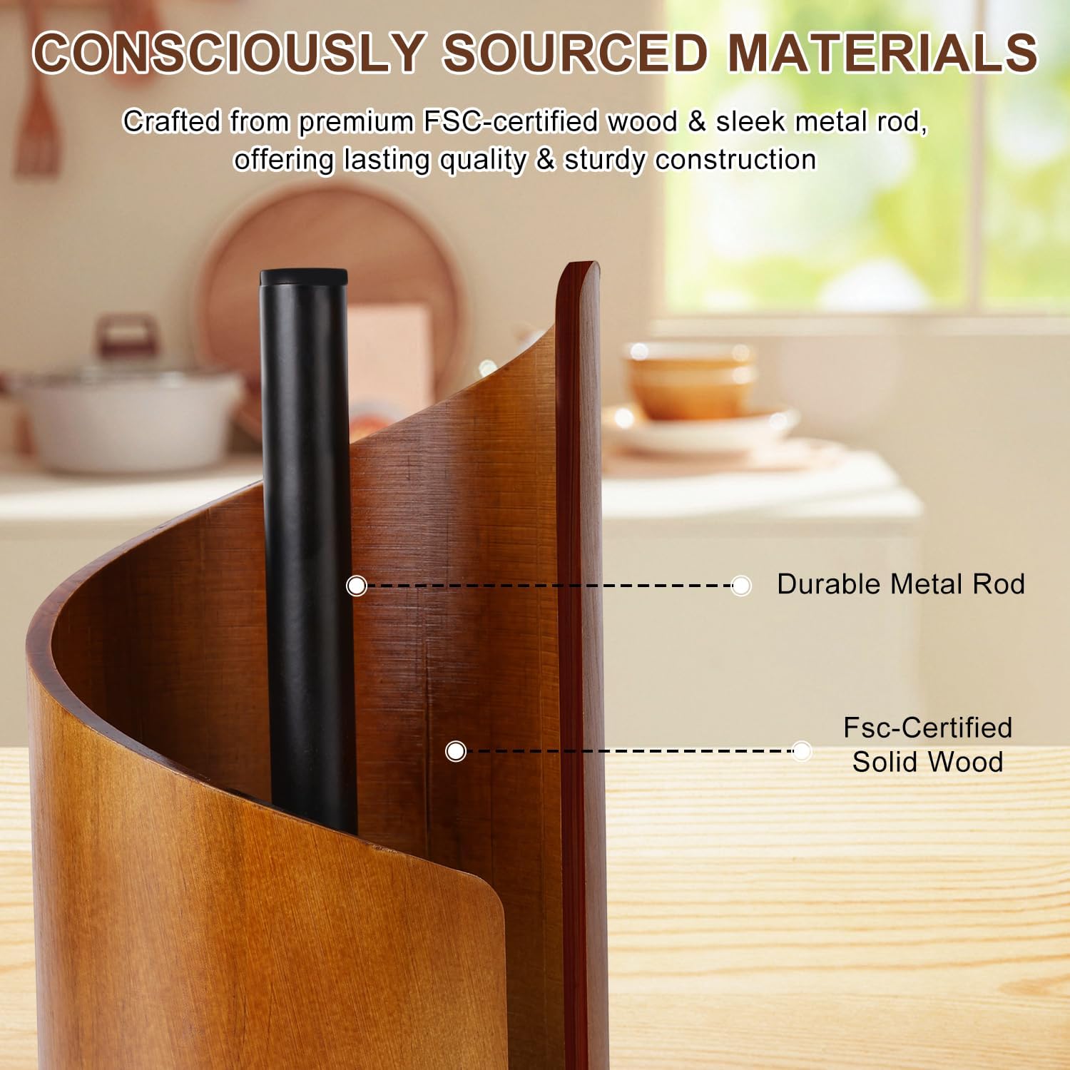 Paper Towel Holder - 100% Natural Wood, Wooden Wood Stand with Iron Base, Wooden Paper Towel Holder for Kitchen, Desktop, Cabinet (Brown)