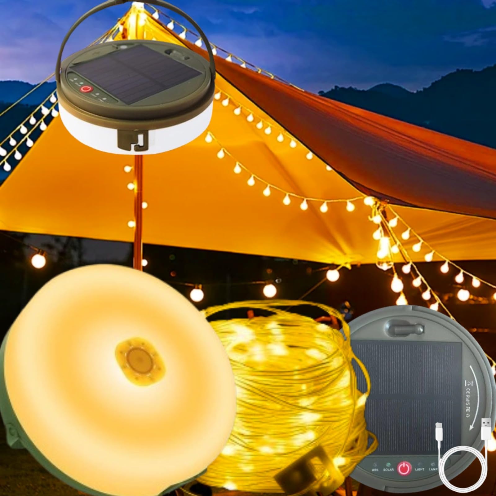 Camping String Lights with Remote Control, 39.4FT 120 LEDs Portable Outdoor String Lights, 8 Lighting Modes Rechargeable Camping Lights Reel, Outdoor Solar Light for Camp,Yard,Tent (warm white, 12M)