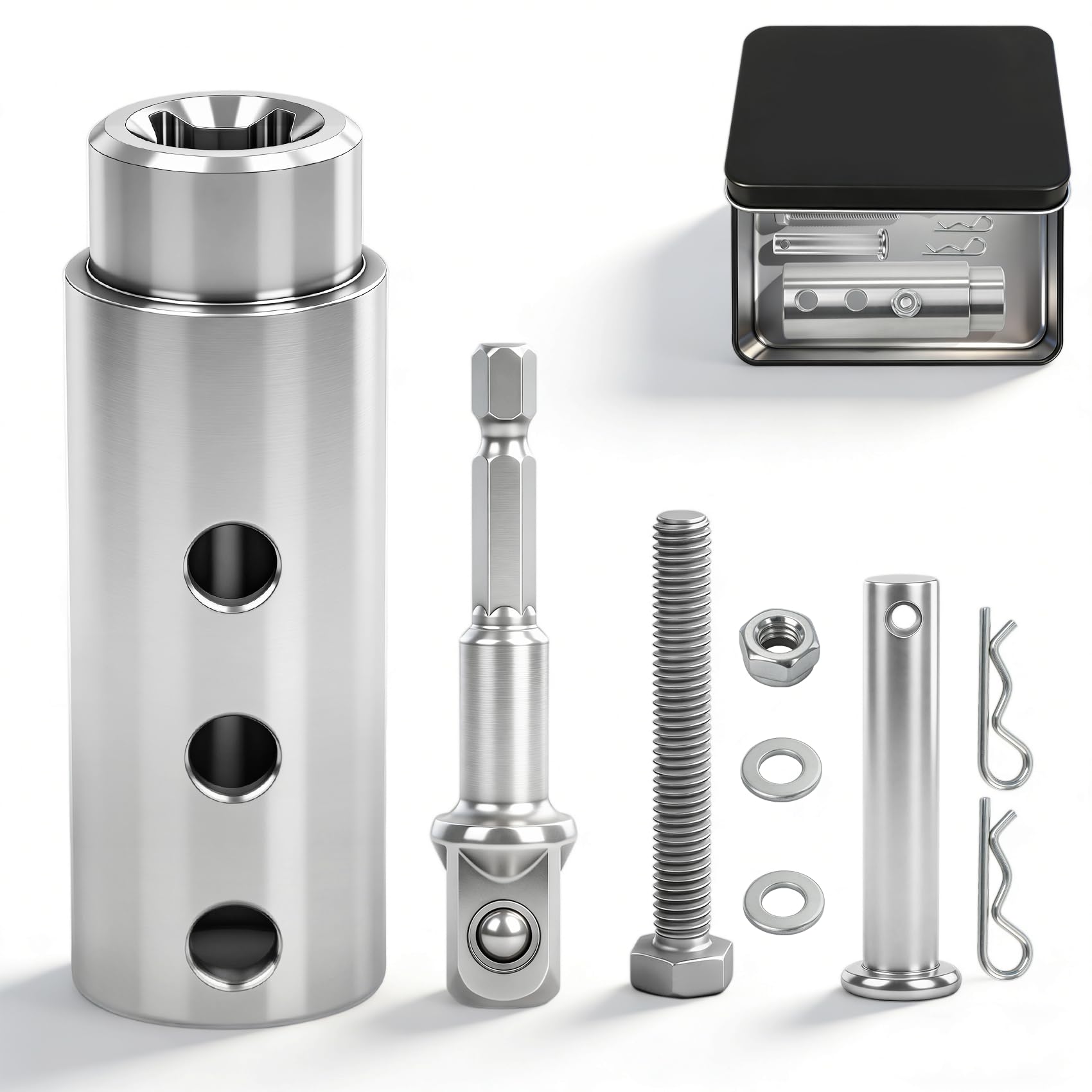 Adapter do wiertarki podnośnika przyczepy, ulepszony adapter wiertarki akumulatorowej ze stali nierdzewnej pasuje do wałów napędowych jack 1 "na 1/5.1 cm, zestaw bitów nasadowych w zestawie