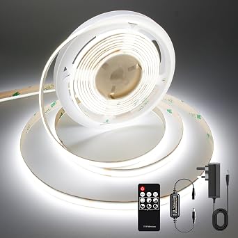 AXMOTUT COB LED Strip Lights 2m, 6000K Daylight White Dimmable LED Strip, 640 LEDs Super Bright DC24V LED Light Strip CRI90+ with RF Remote and UKCA Power Supply for DIY Home Decoration [Energy Class F]