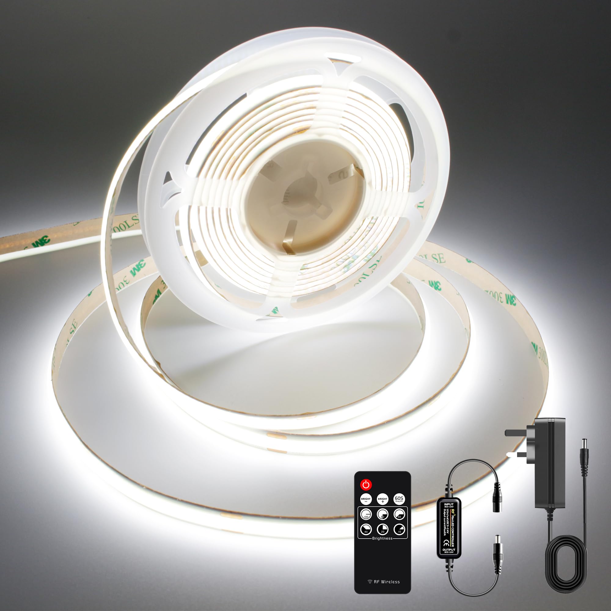 AXMOTUT COB LED Strip Lights 2m, 6000K Daylight White Dimmable LED Strip, 640 LEDs Super Bright DC24V LED Light Strip CRI90+ with RF Remote and UKCA Power Supply for DIY Home Decoration — image 1