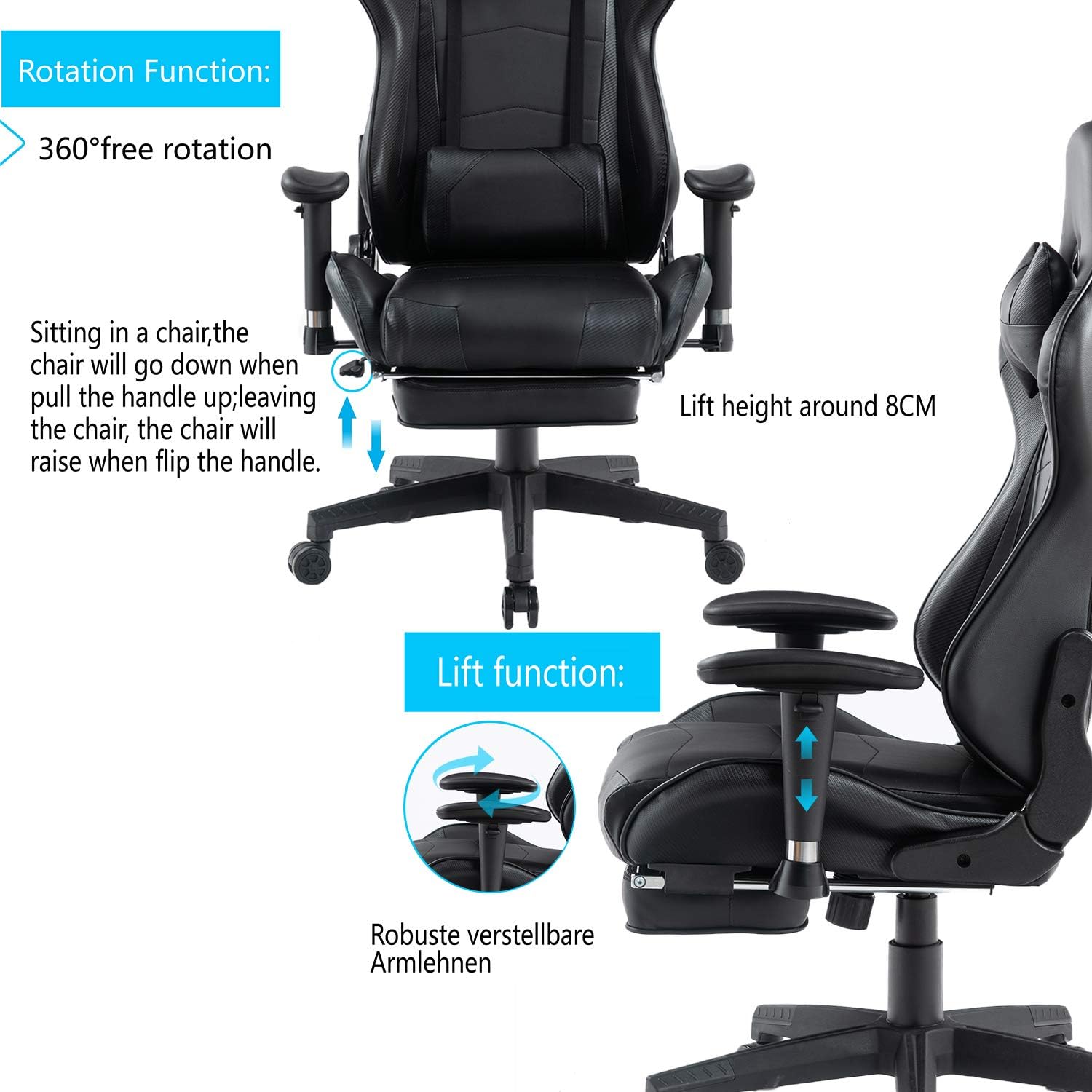 HEALGEN Back Massage Gaming Chair with Footrest,PC Computer Video Game Racing Gamer Chair High Back Reclining Executive Ergonomic Desk Office Chair with Headrest Lumbar Support Cushion (8204Black)
