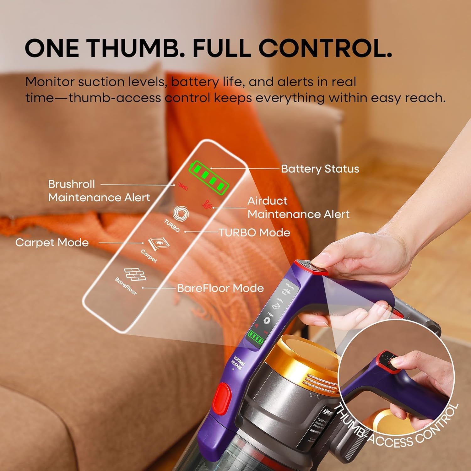 KIPMAX Cordless Vacuum Cleaner, 50KPa 550W Stick Vacuum for Home, 70Mins Anti-Tangled Vacuum Cleaner for Pet Hair/Carpet/Floor, Self-Standing Vacuum with Rechargeable Battery, LED Display&Aromatherapy - Image 3