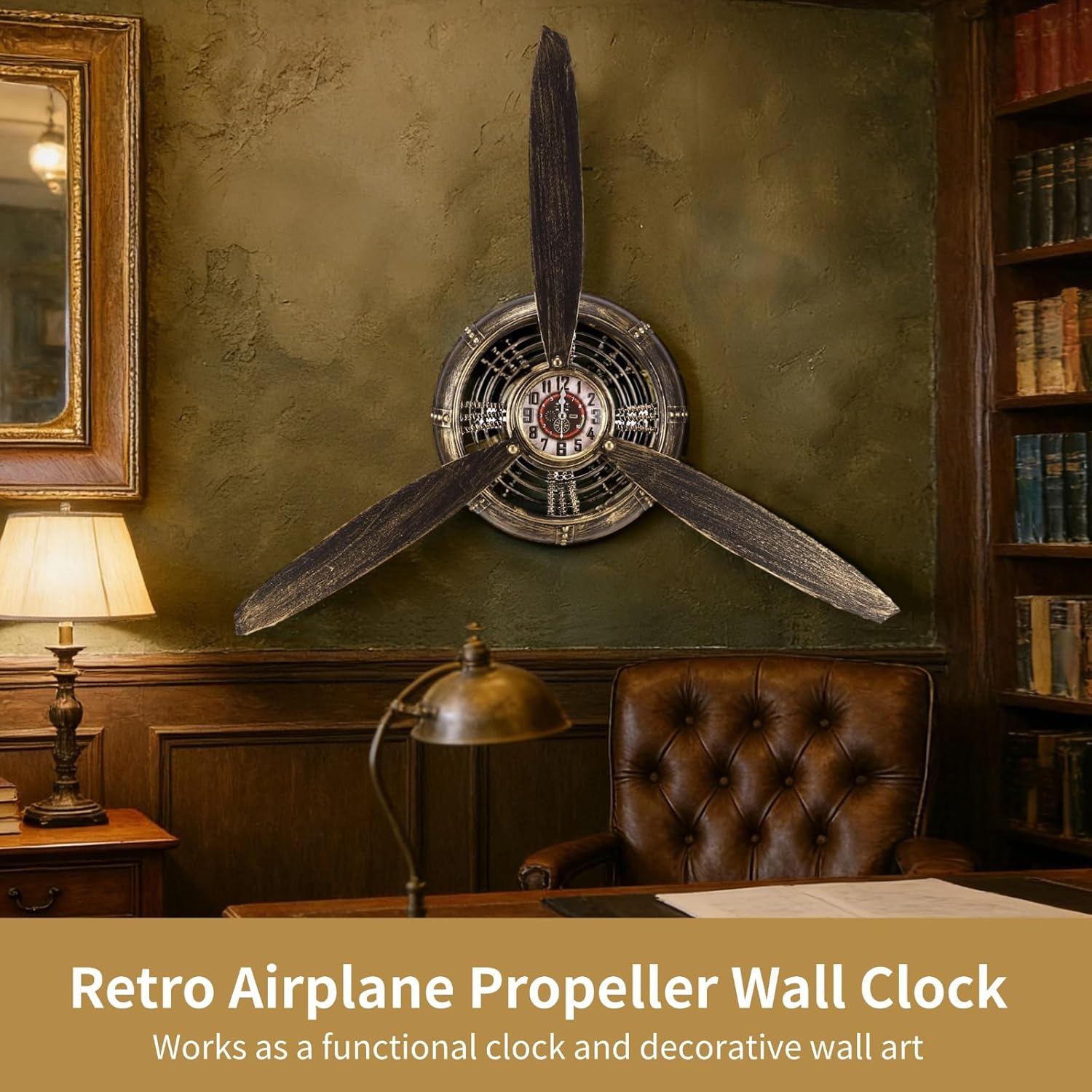 Airplane Propeller Wall Clock, Vintage Aviation Wall Clock Propeller Design Hanging Art, Bronze Industrial Iron Decorative Clock for Living Room Bar Cafe Office, Battery Operated
